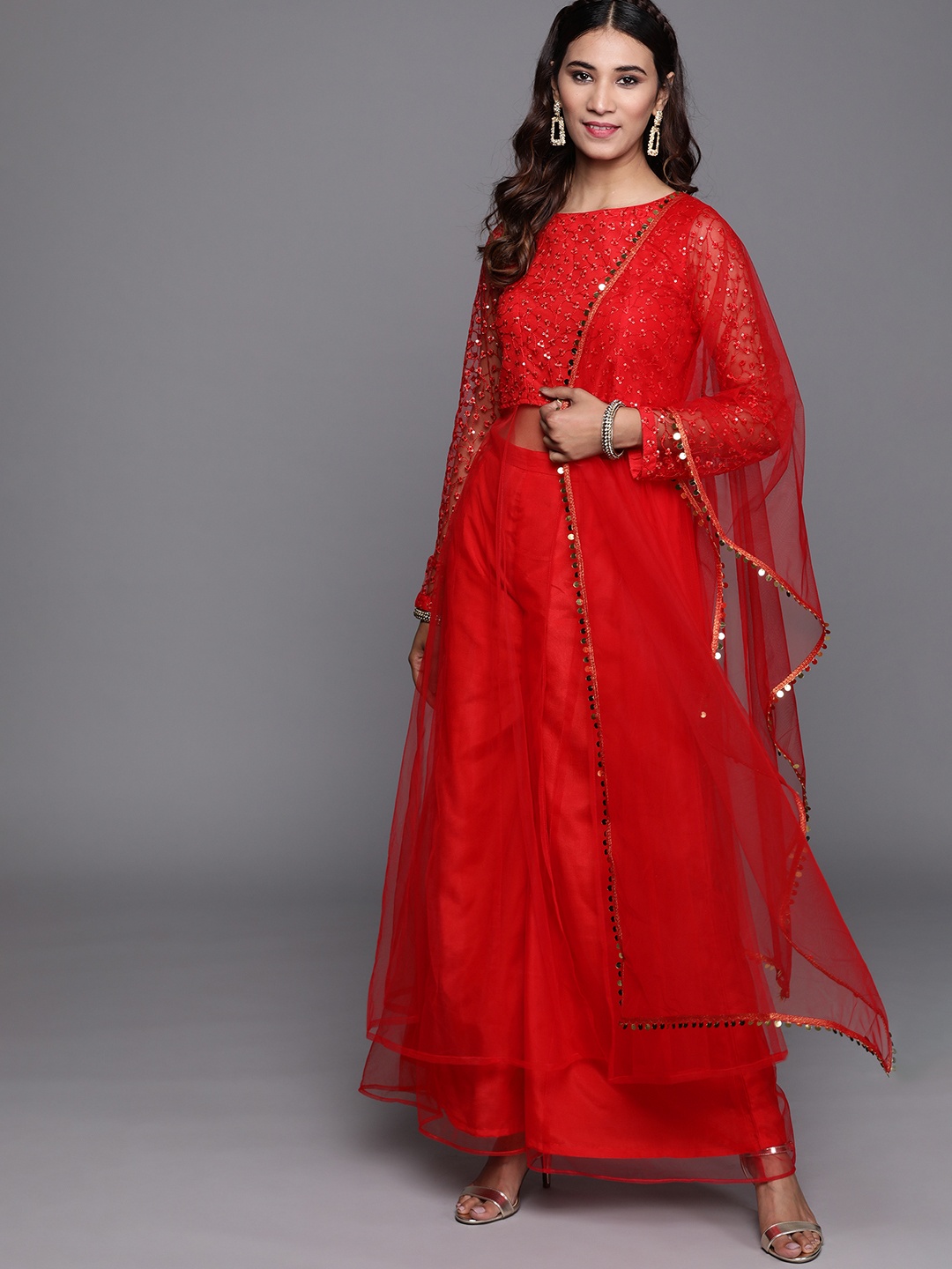 

Inddus Women Red Sequinned Top with Palazzos & Dupatta