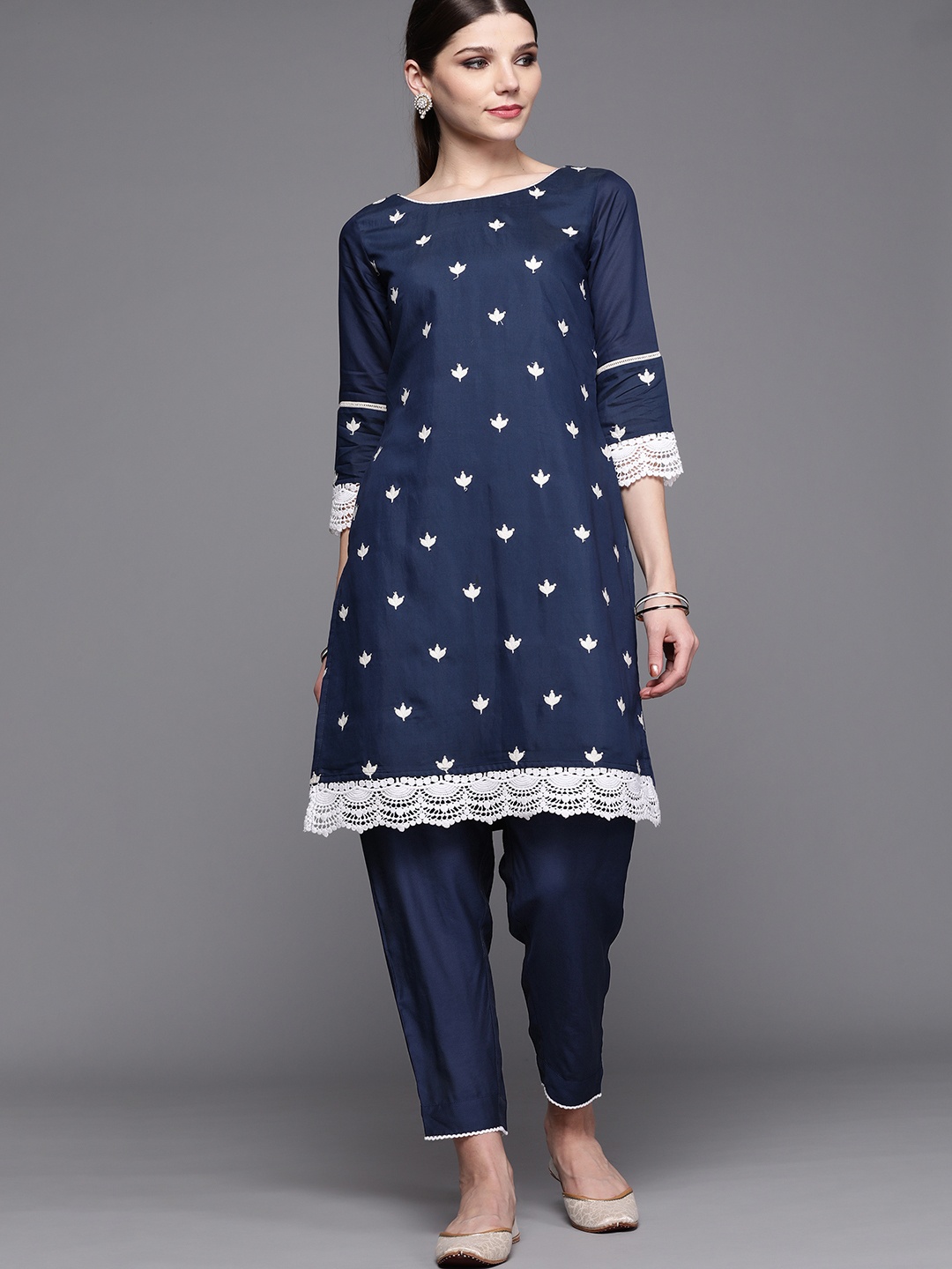 

Inddus Women Navy & White Chanderi Cotton Embroidered Kurta with Trousers, Navy blue