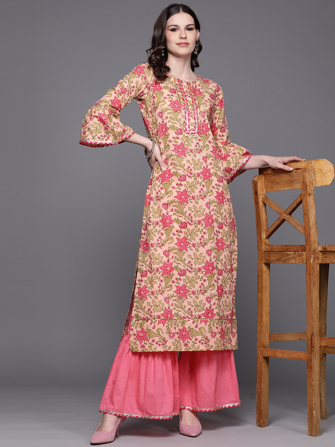 

Inddus Women Pink & Green Printed Kurta with Sharara