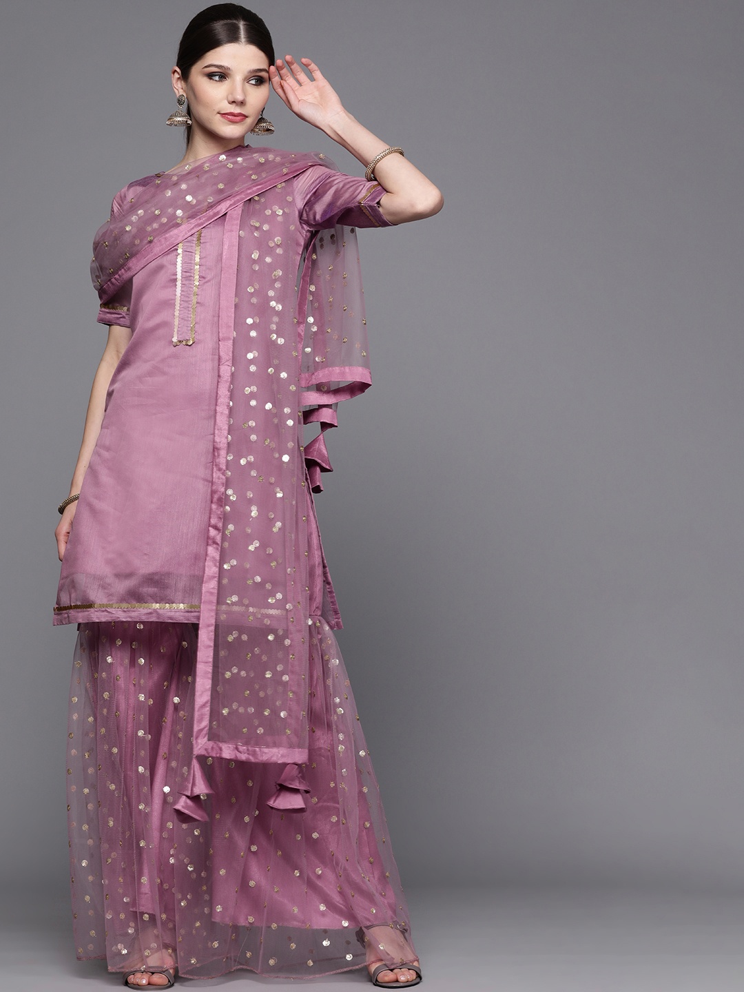 

Inddus Women Purple Regular Sequinned Kurta with Sharara & With Dupatta