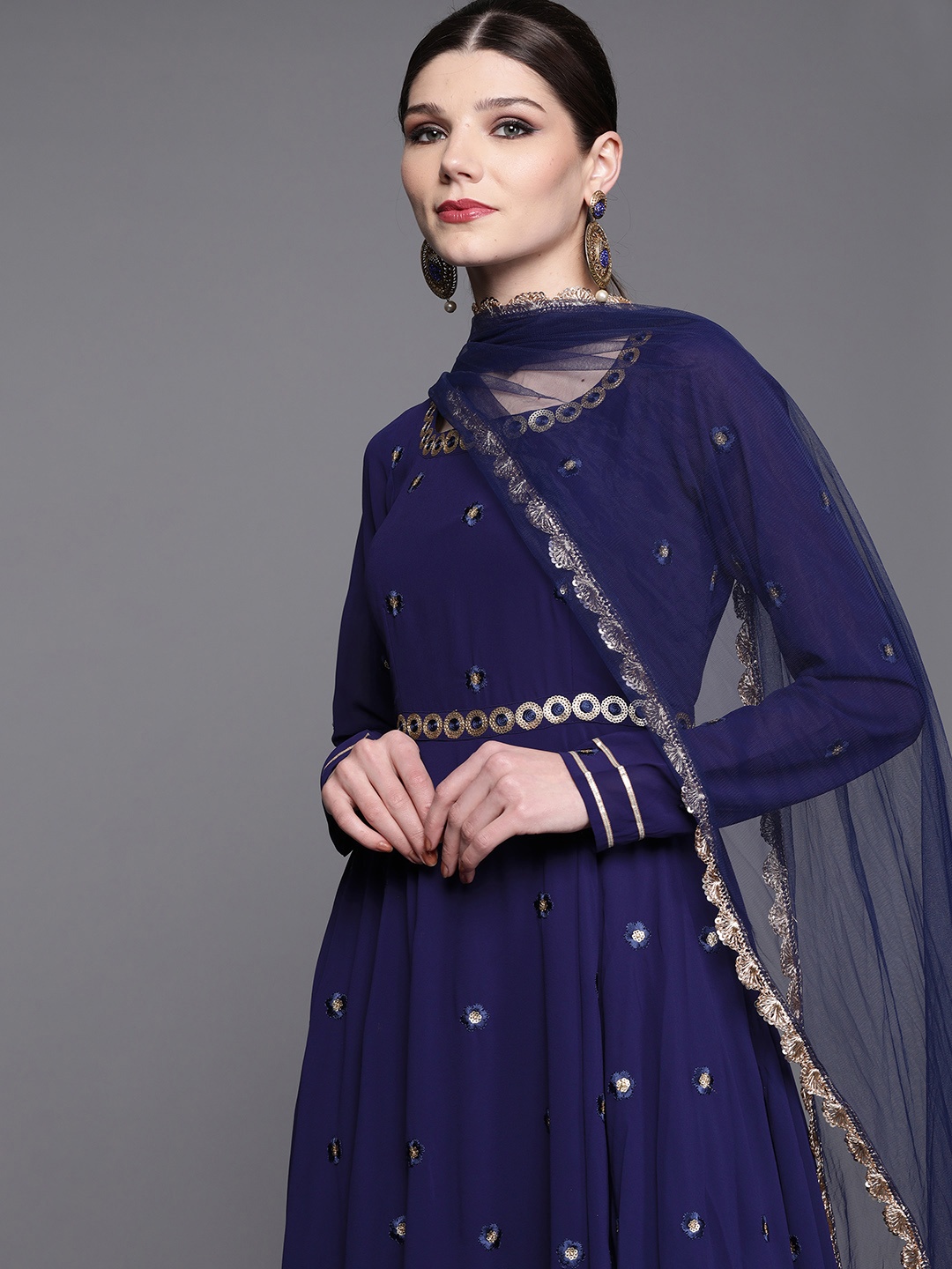 

Inddus Women Navy Blue & Golden Embroidered Anarkali Kurta with Dupatta