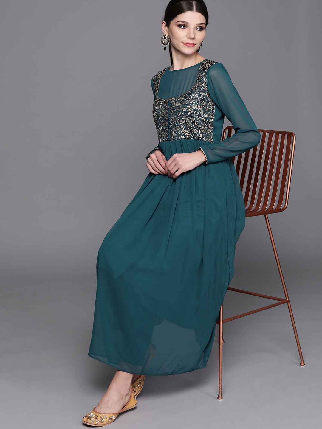 

Inddus Women Teal Blue & Golden Yoke Design Kurta with Trousers
