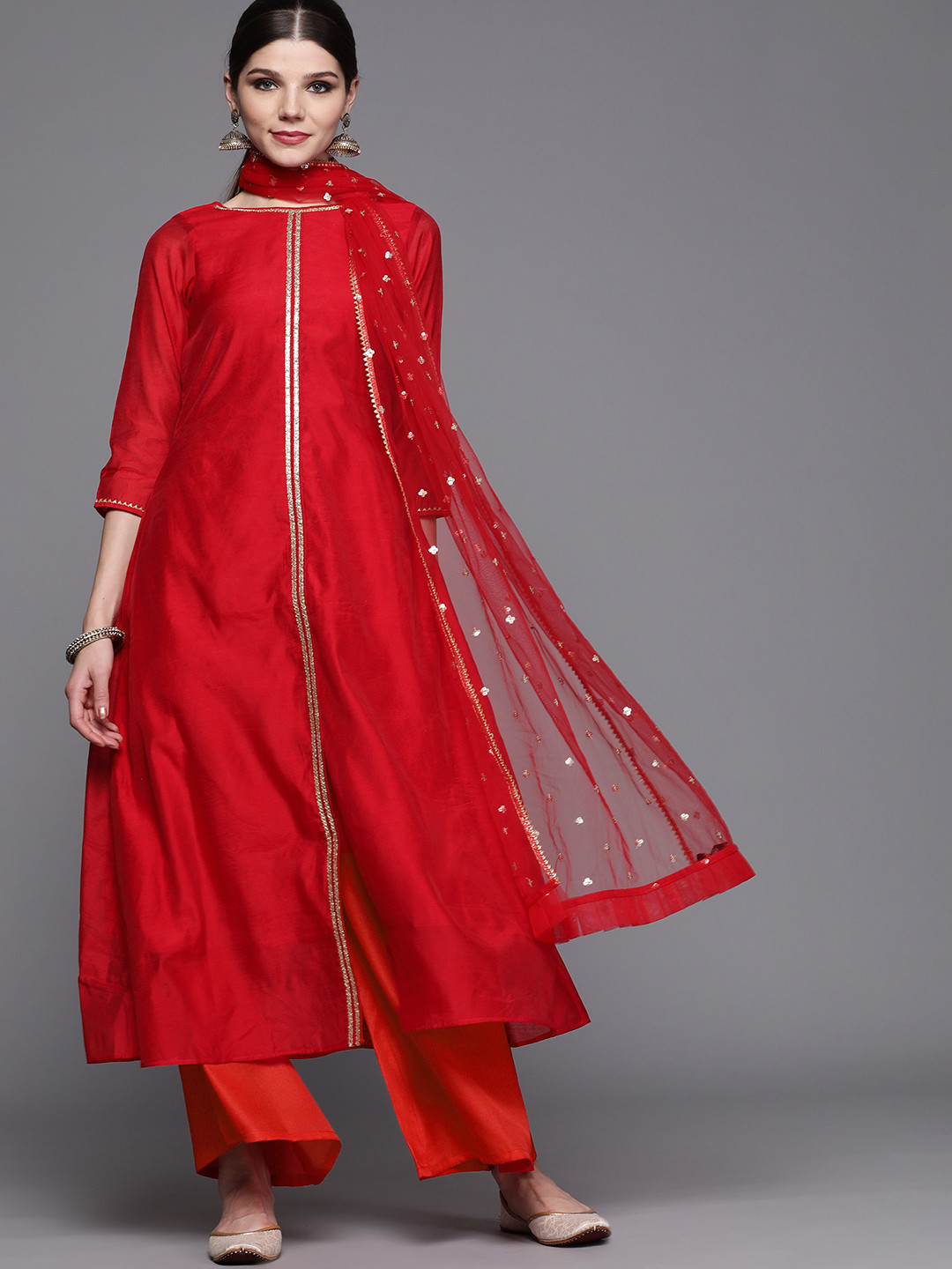 

Inddus Women Red Chanderi Cotton Solid Kurta with Palazzos & Dupatta