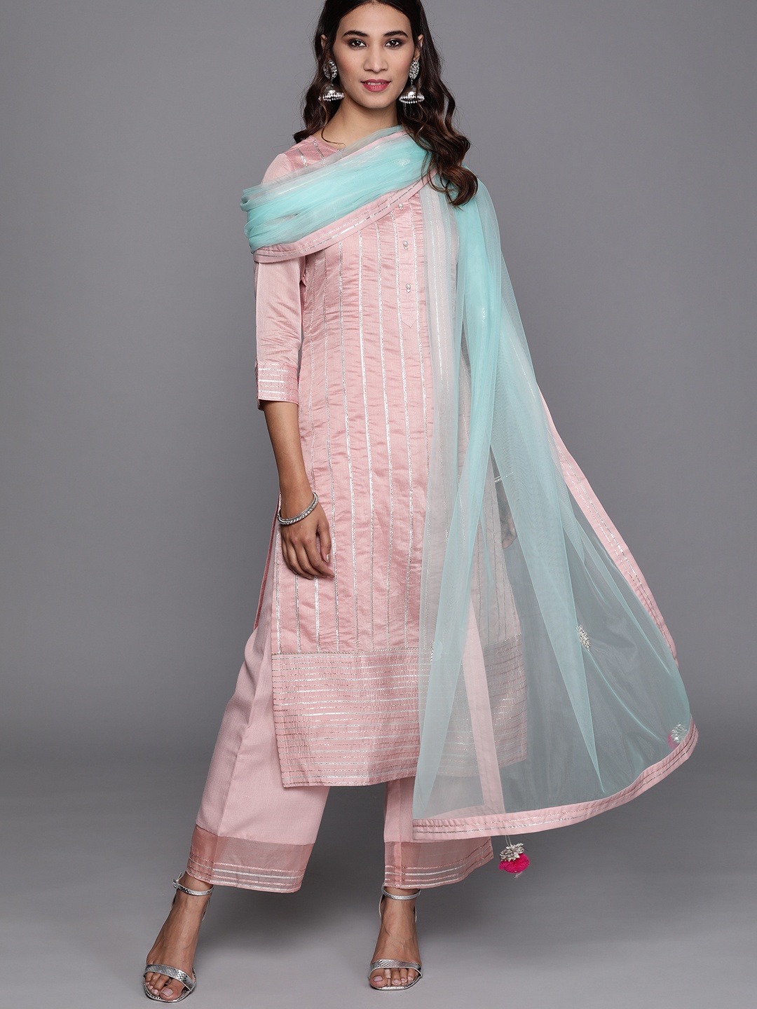 

Inddus Women Peach-Coloured & Green Striped Kurta with Palazzos & Dupatta
