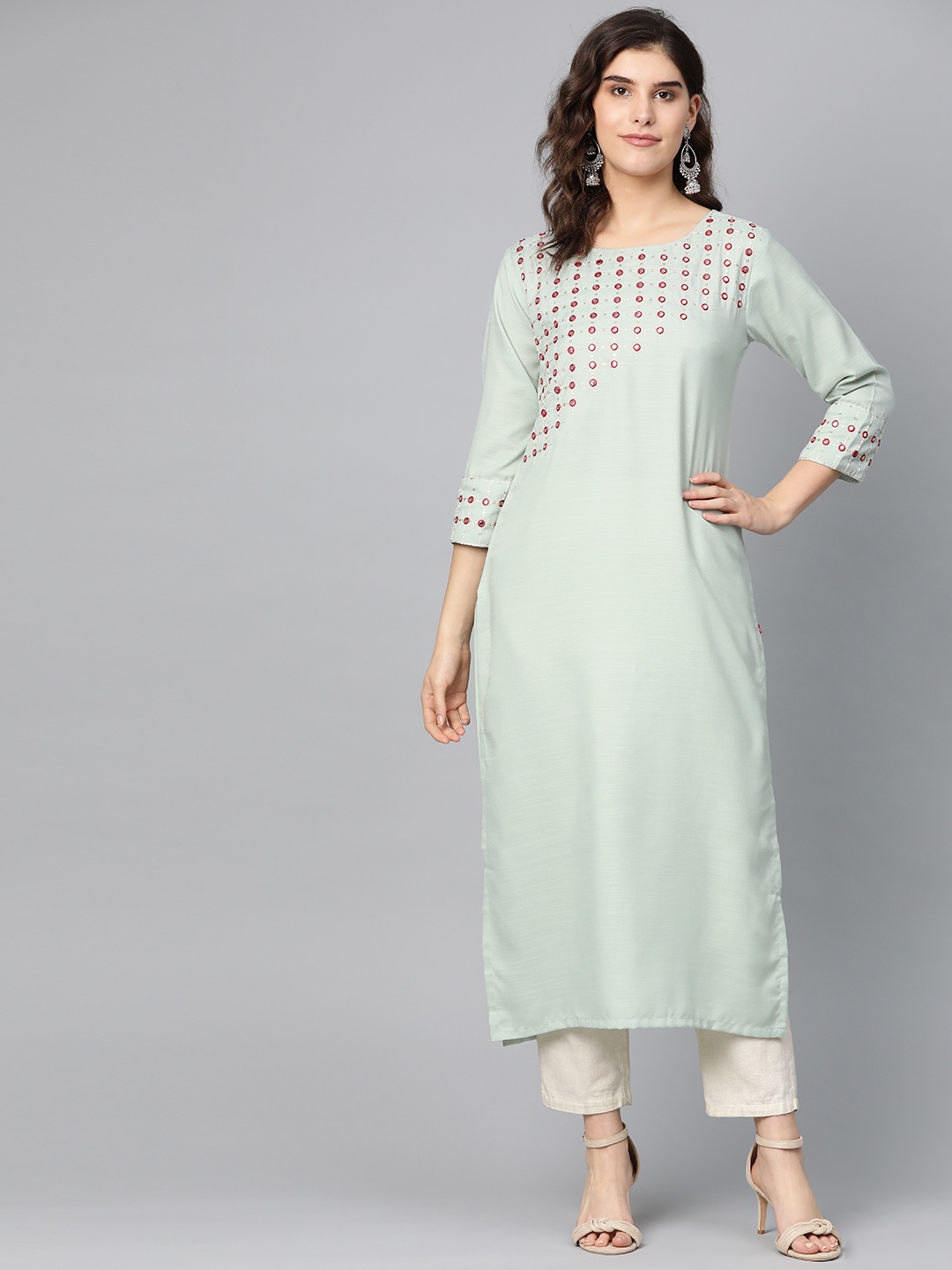 

Varanga Women Blue & Red Mirror Work Yoke Design Straight Kurta