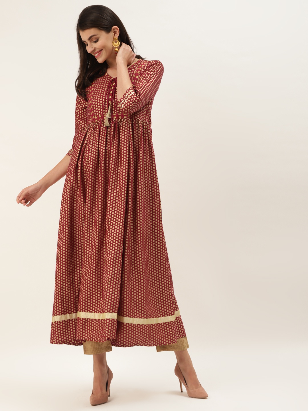 

Varanga Women Red & Golden Polka Dots Printed Anarkali Kurta