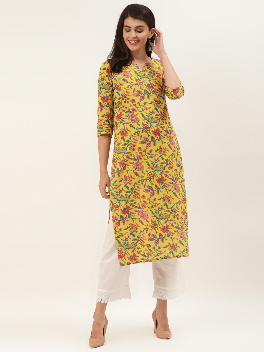 

Varanga Women Mustard Yellow & Pink Floral Screen Printed Straight Kurta