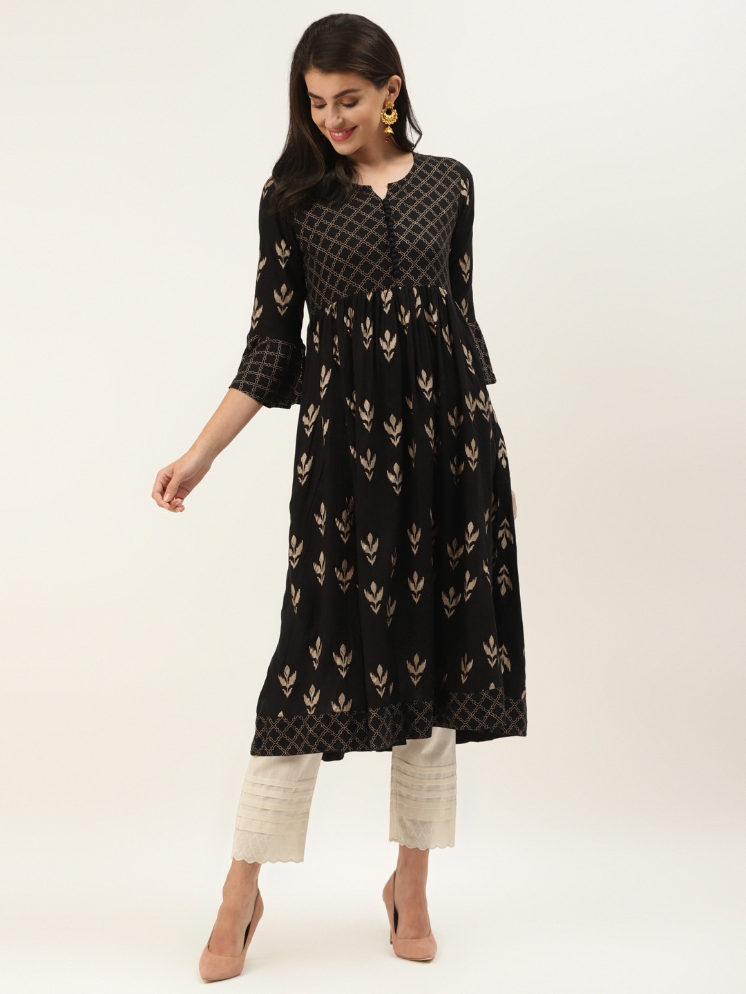 

Varanga Women Black & Golden Printed A-Line Kurta