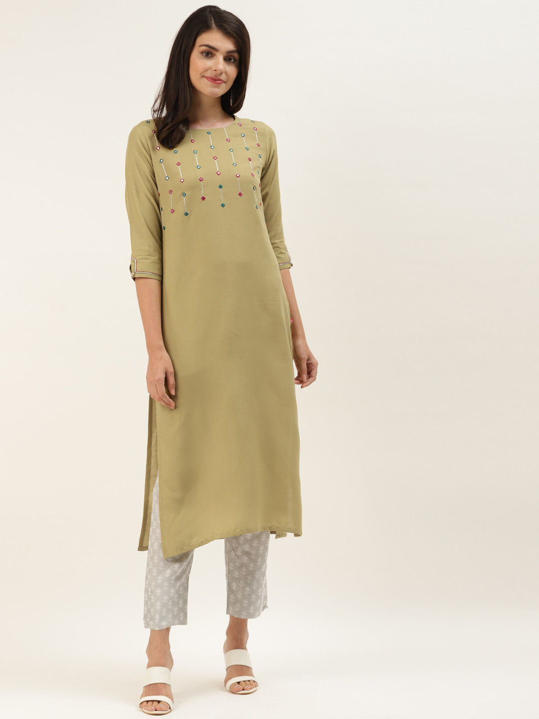 

Varanga Women Olive Green Cotton Mirror Work Yoke Design Straight Kurta