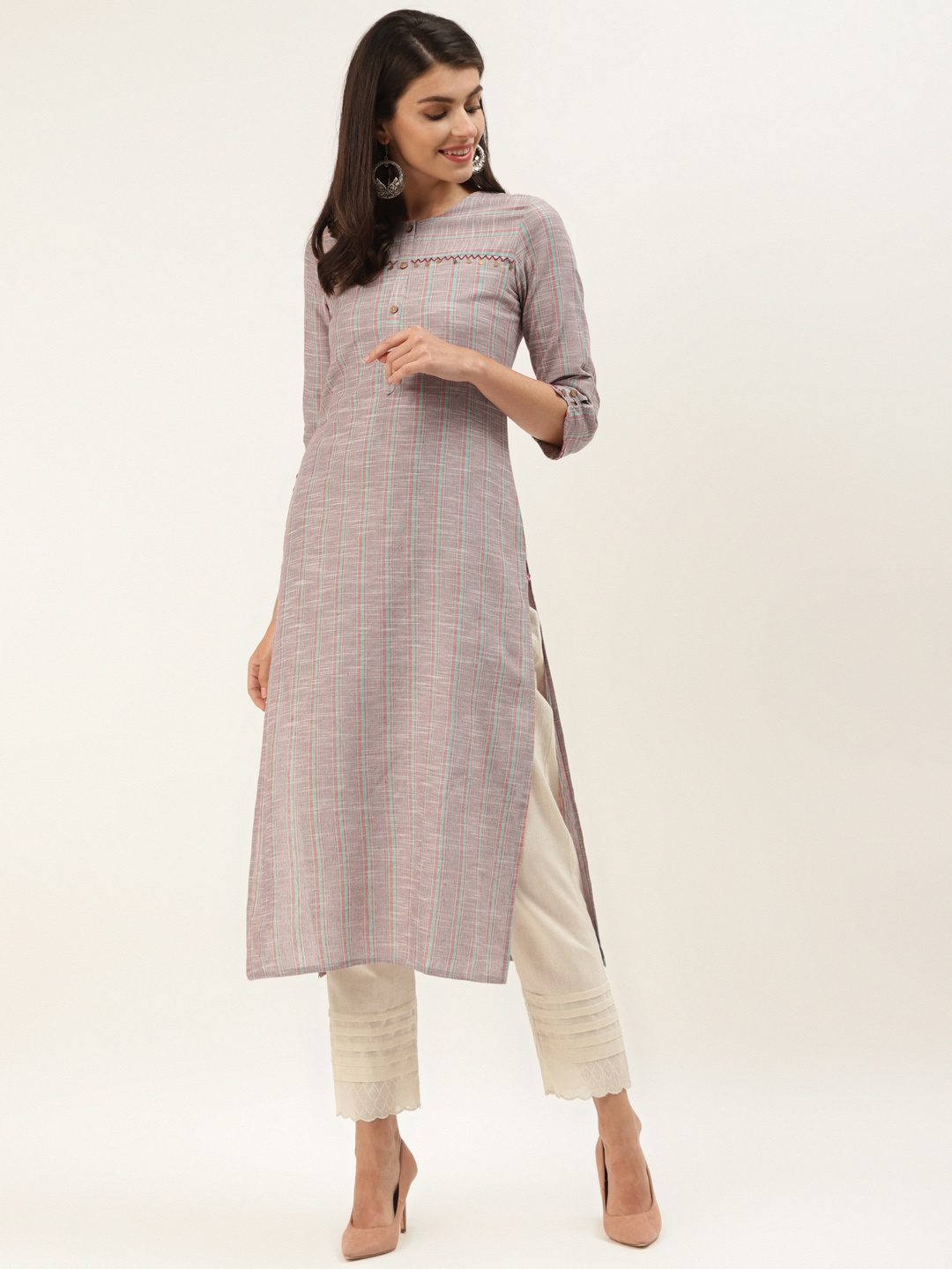 

Varanga Women Red & Turquoise Blue Cotton Striped Straight Kurta