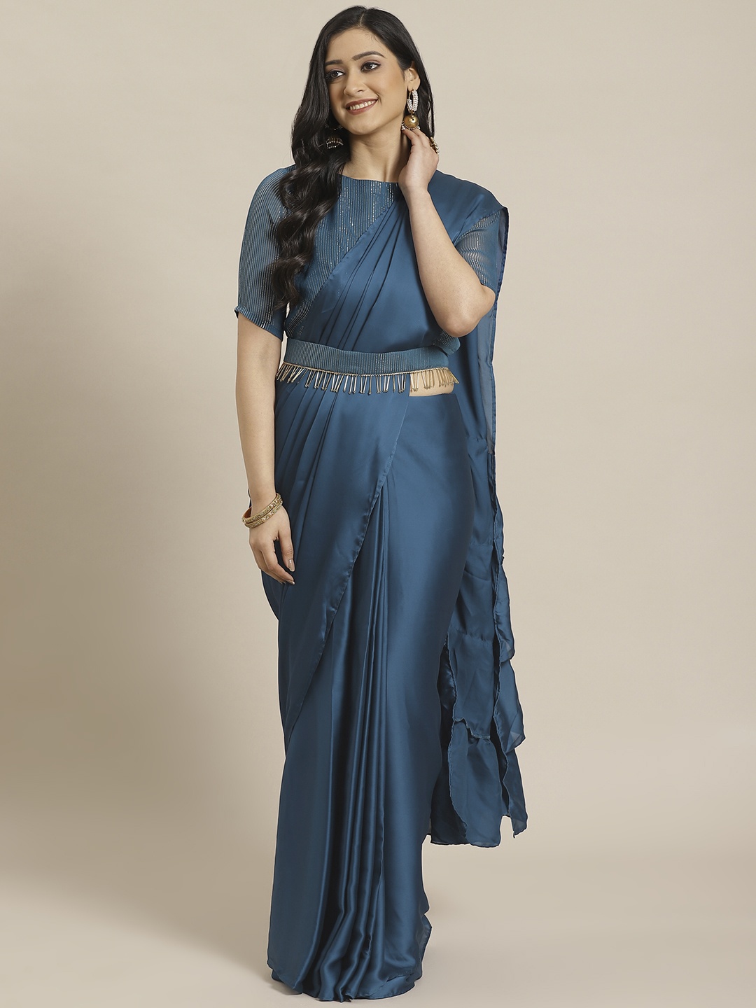 

Inddus Teal Blue Ready to Wear Solid Satin Finish Ruffled Belted One Minute Saree, Navy blue