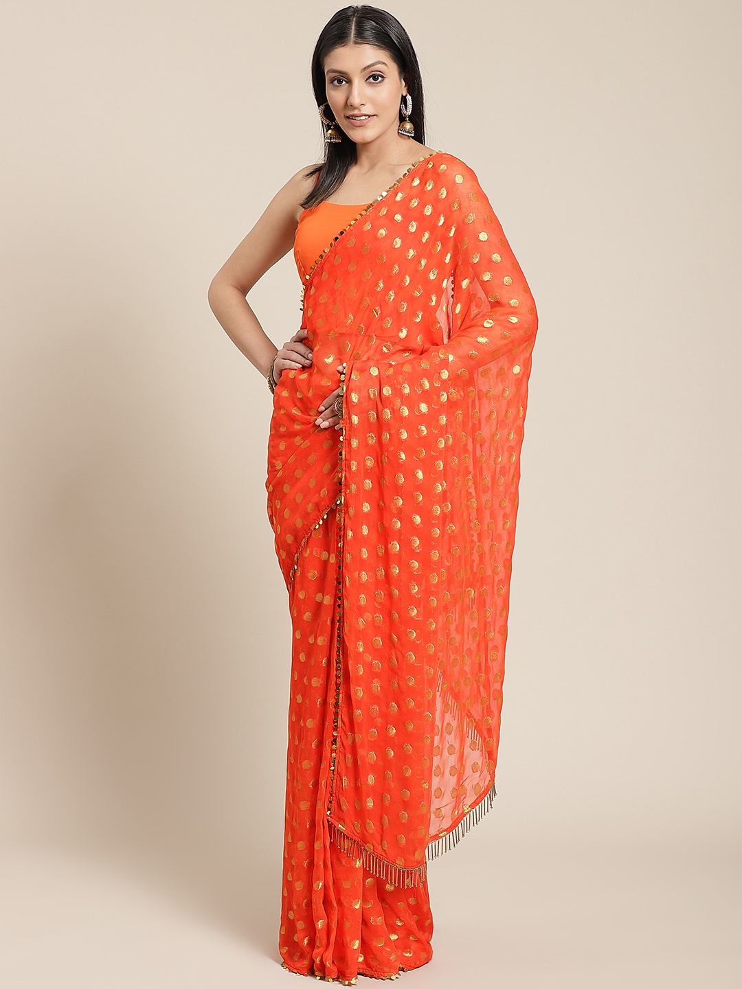 

Inddus Orange & Golden Woven Design One Minute Saree