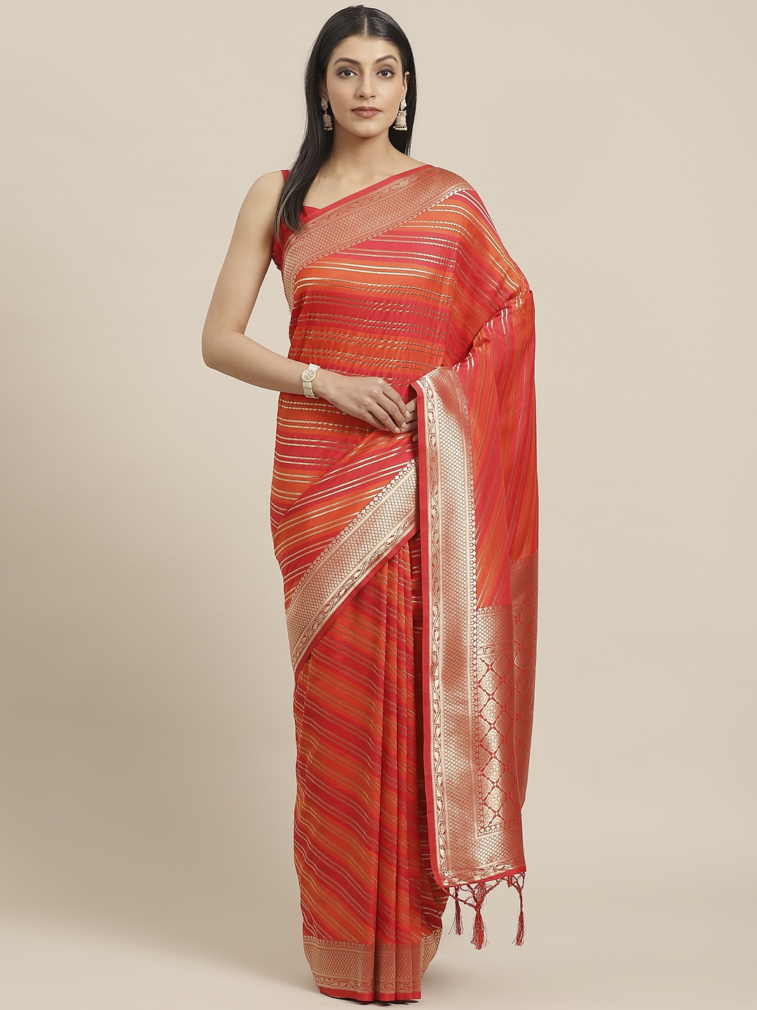 

Inddus Red & Orange Striped Saree