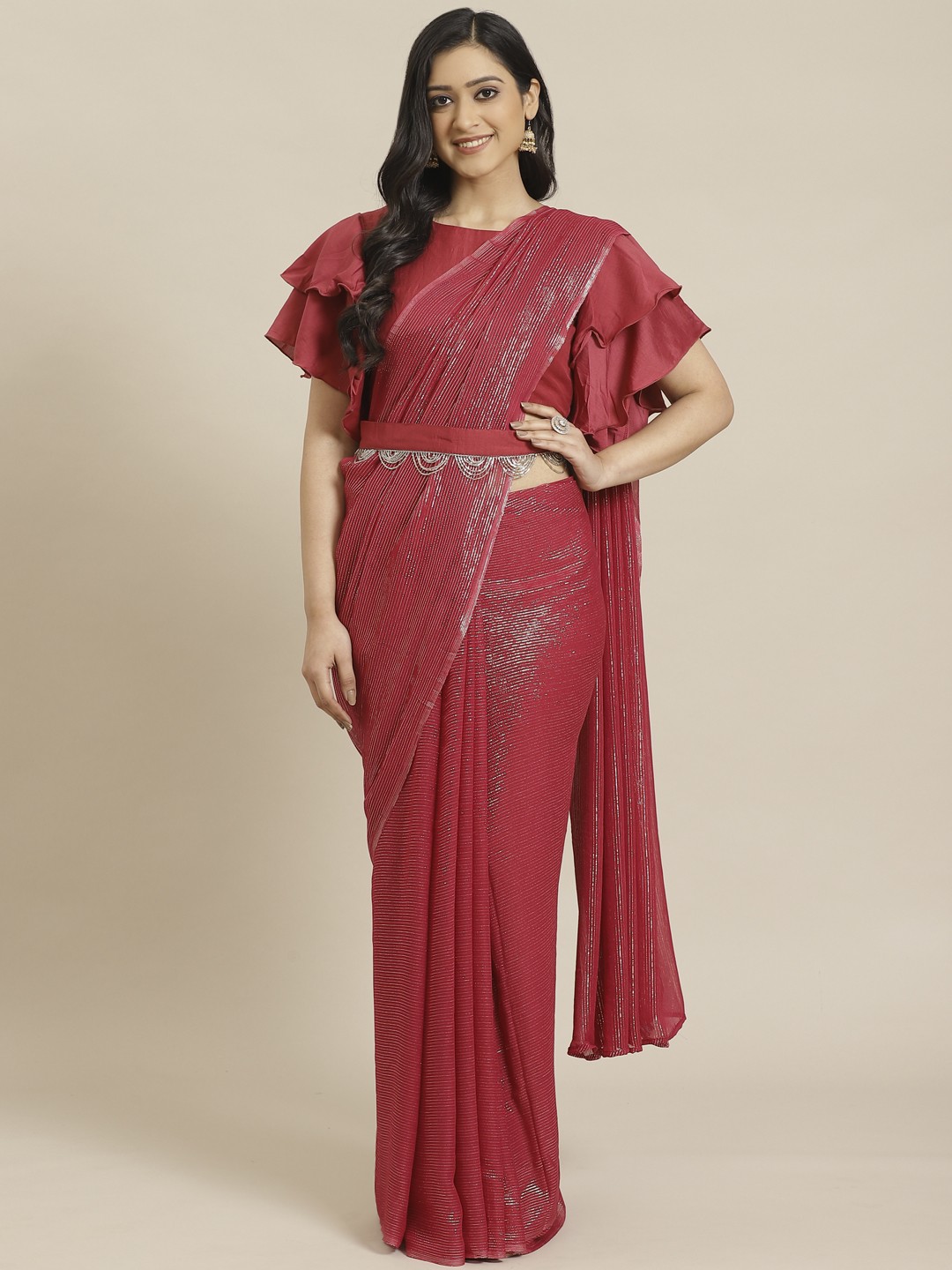 

Inddus Maroon & Silver Striped Saree