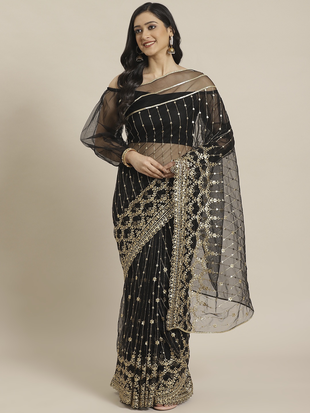 

Inddus Black & Golden Net Embroidered Saree