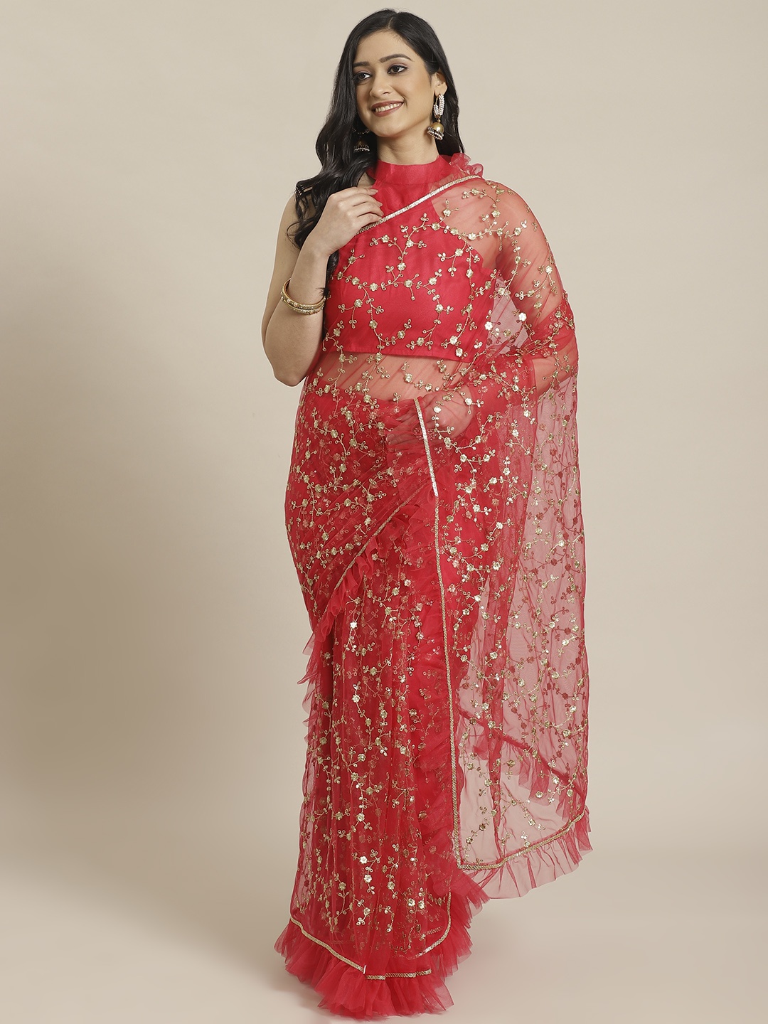

Inddus Coral Red & Golden Net Embroidered Ruffled Saree