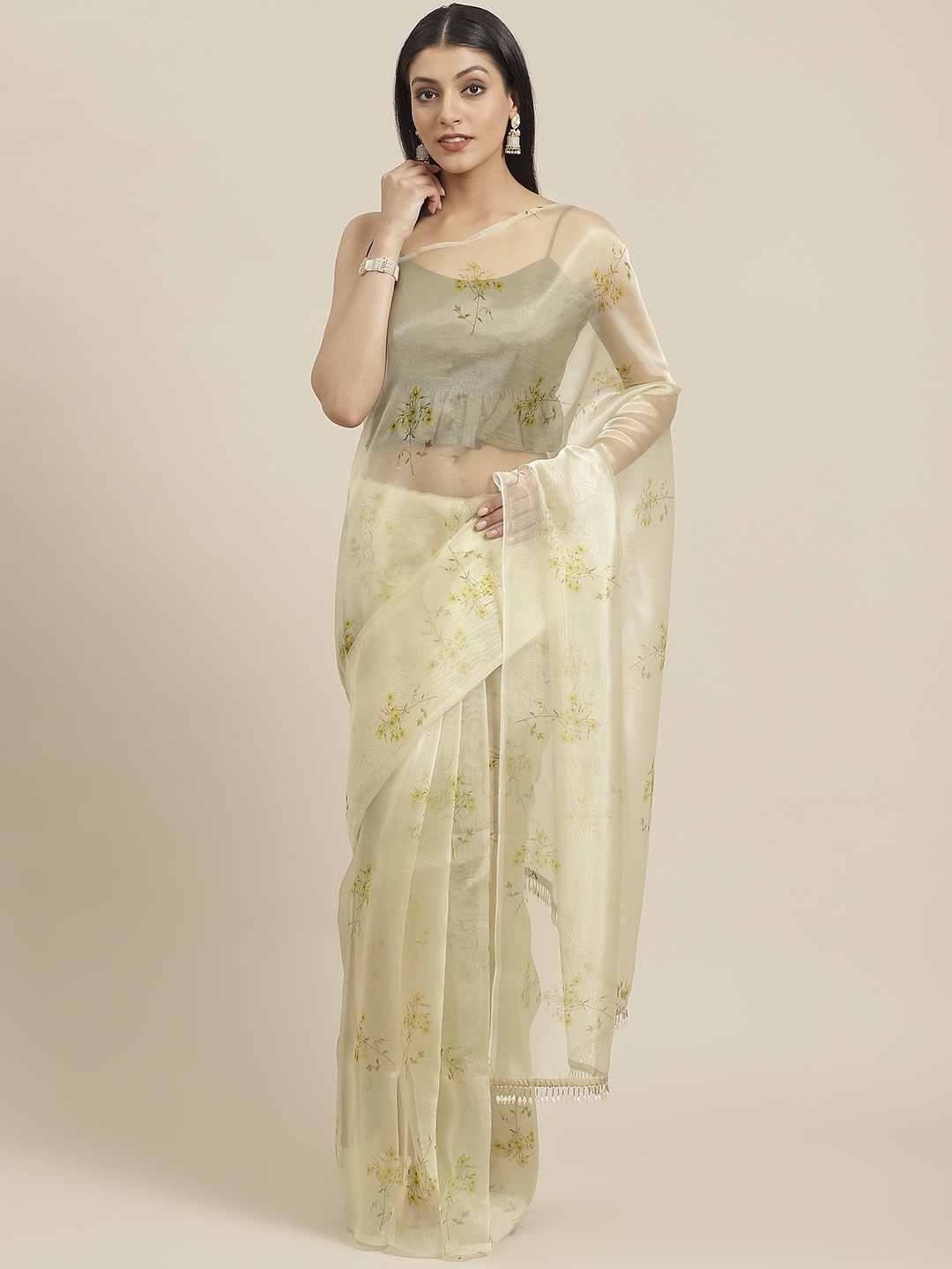 

Inddus Cream-Coloured & Yellow Organza Floral Printed Saree