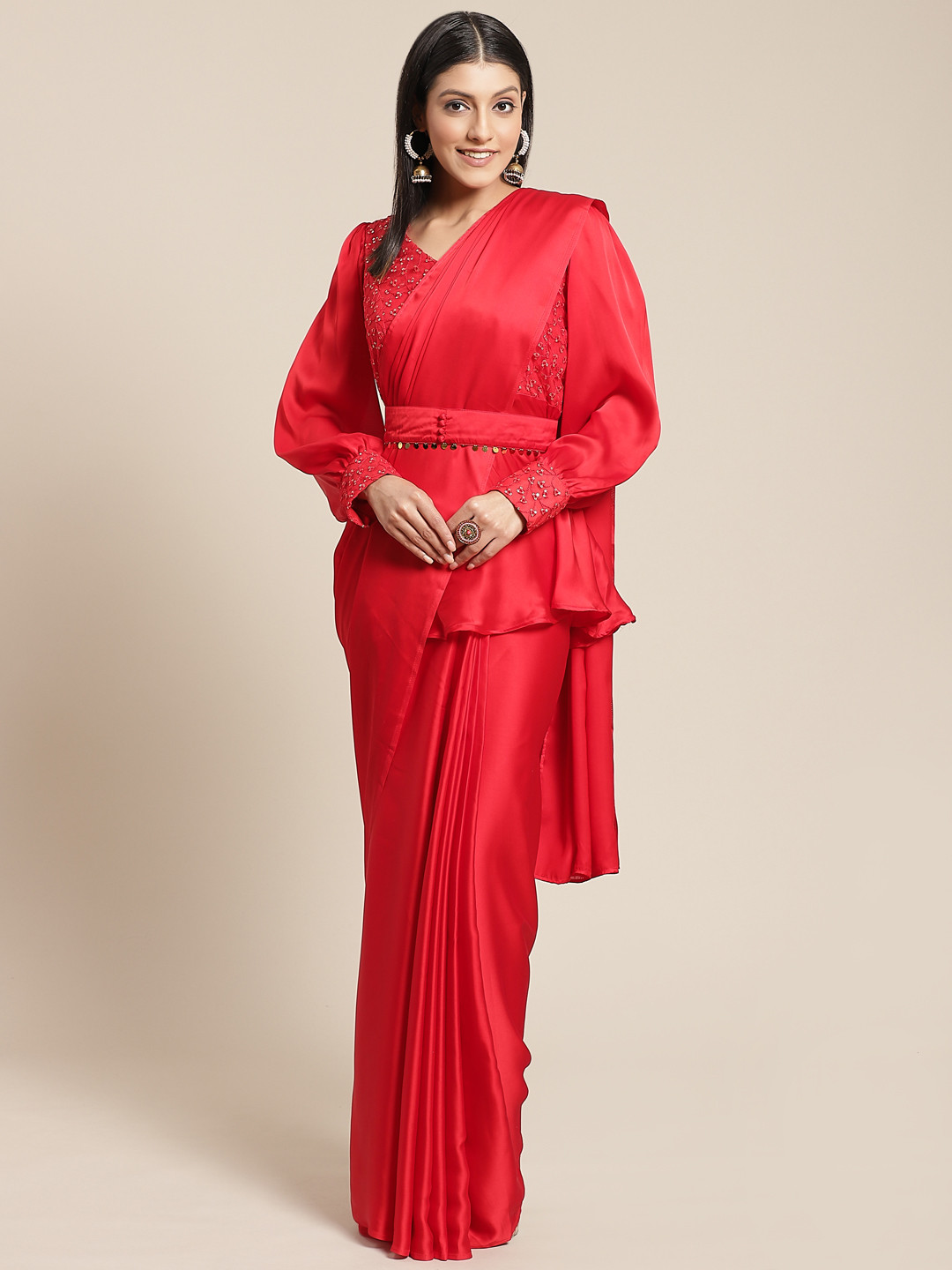

Inddus Solid Satin Saree, Red