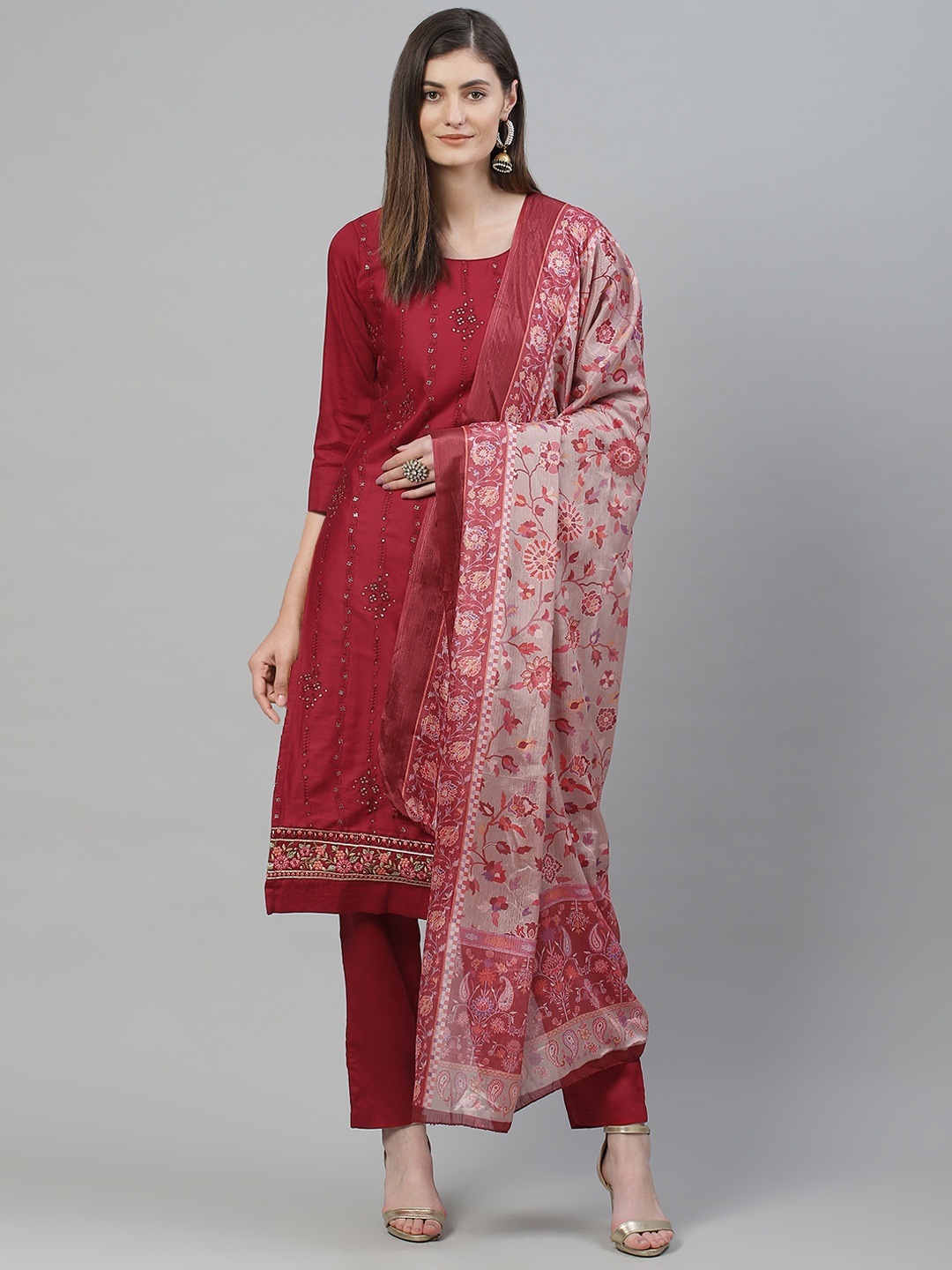

Inddus Maroon & Golden Embroidered Unstitched Dress Material With Dupatta