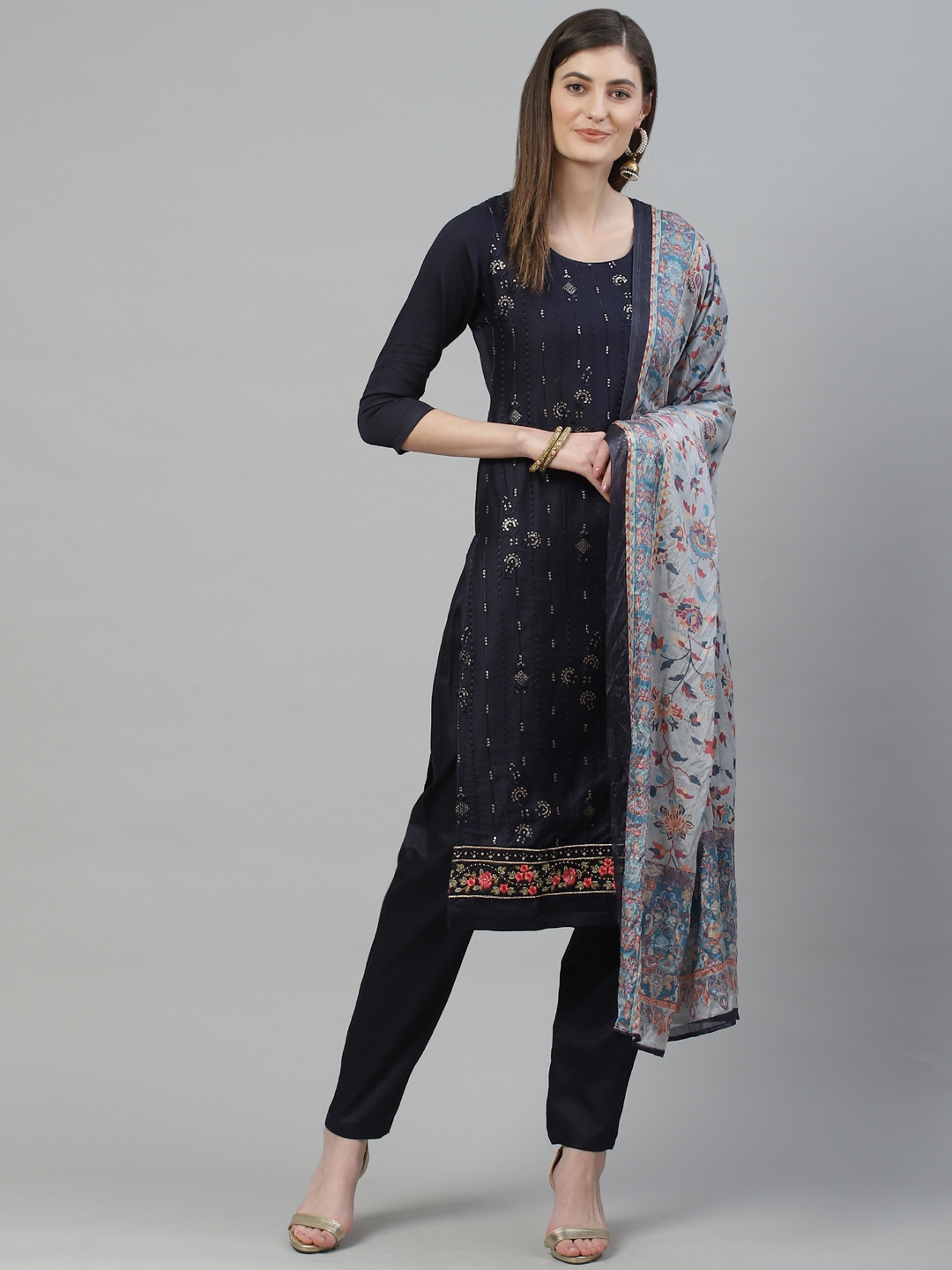 

Inddus Navy Blue & Golden Embroidered Unstitched Dress Material With Dupatta