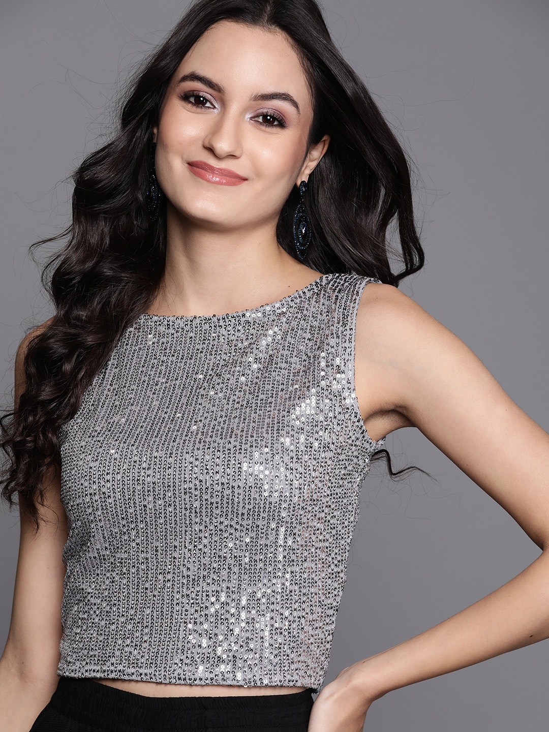 

Inddus Silver Sequinned Striped Stretchable Crop Top