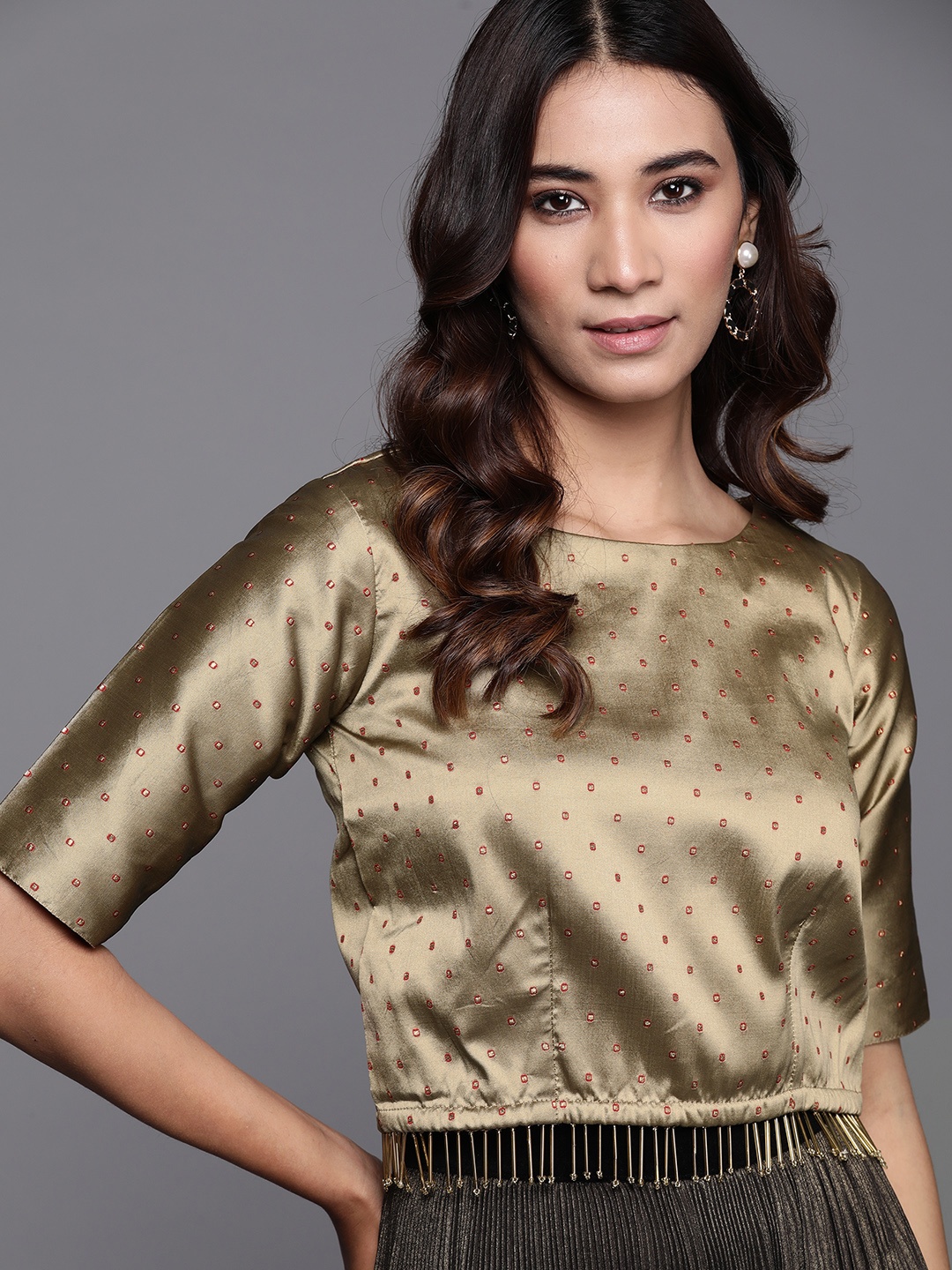 

Inddus Women Golden Zari Self Design Top, Gold