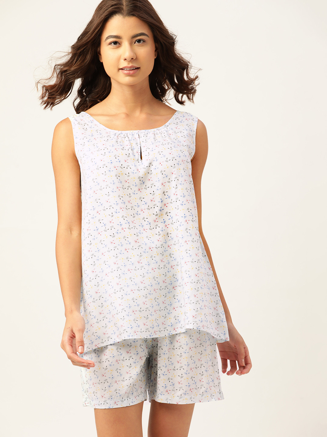 

ETC Women White & Blue Cat Face Print Shorts Set