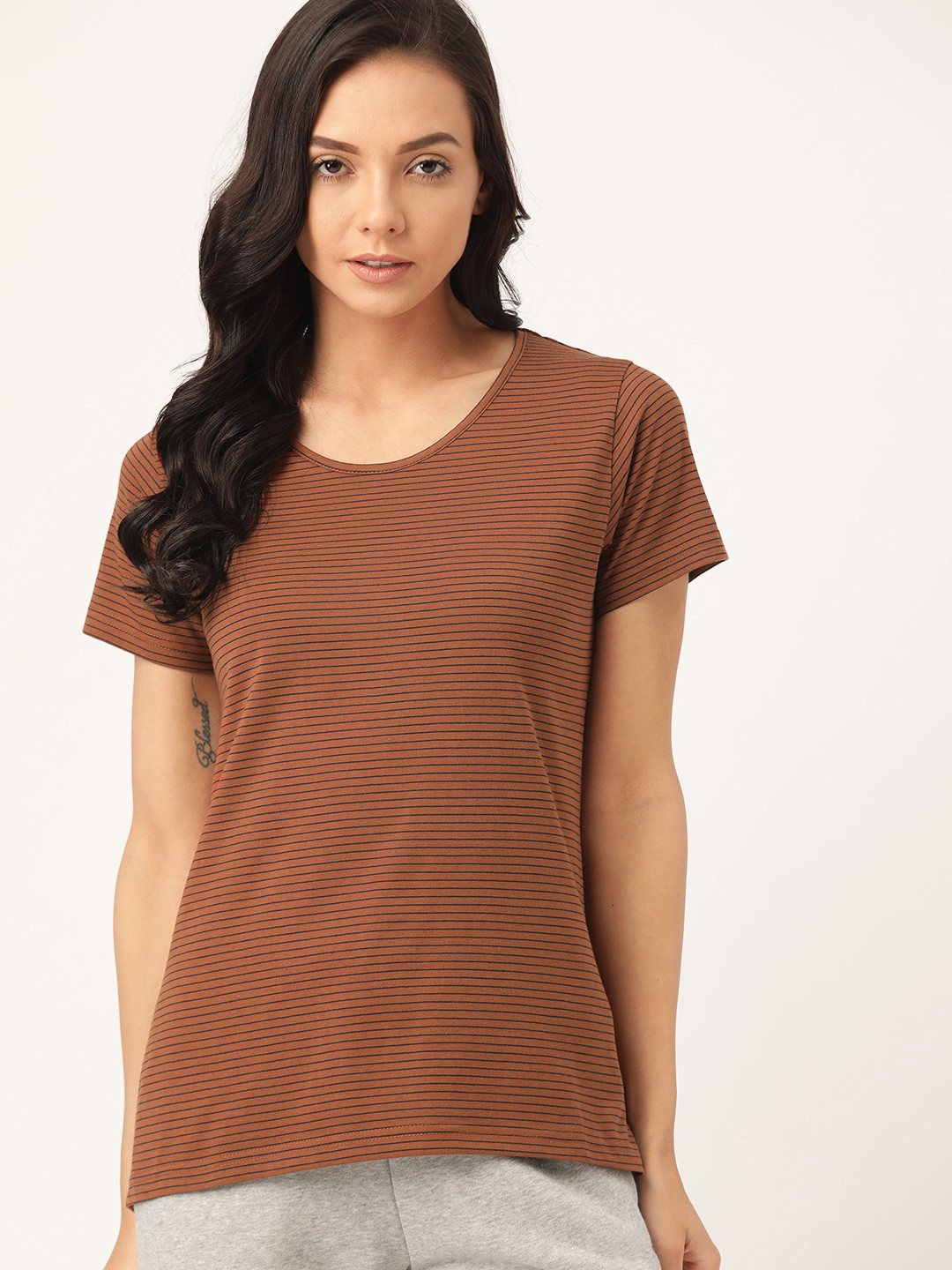 

ETC Women Brown & Navy Blue Pure Cotton Striped Lounge T-Shirt