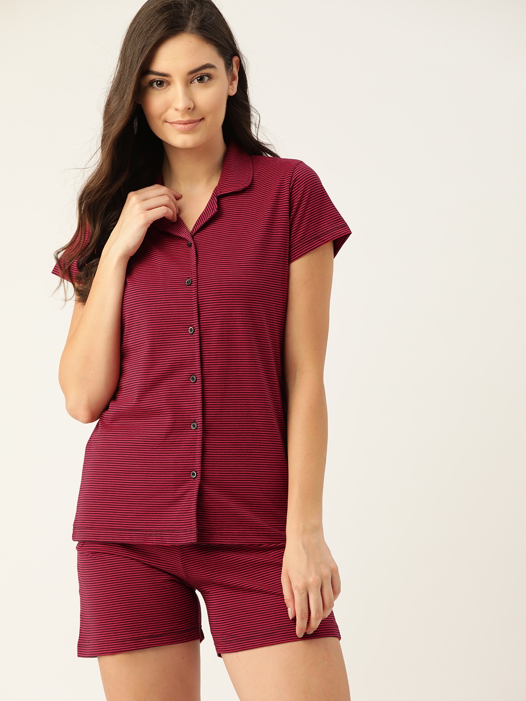 

ETC Women Red & Navy Blue Striped Night suit