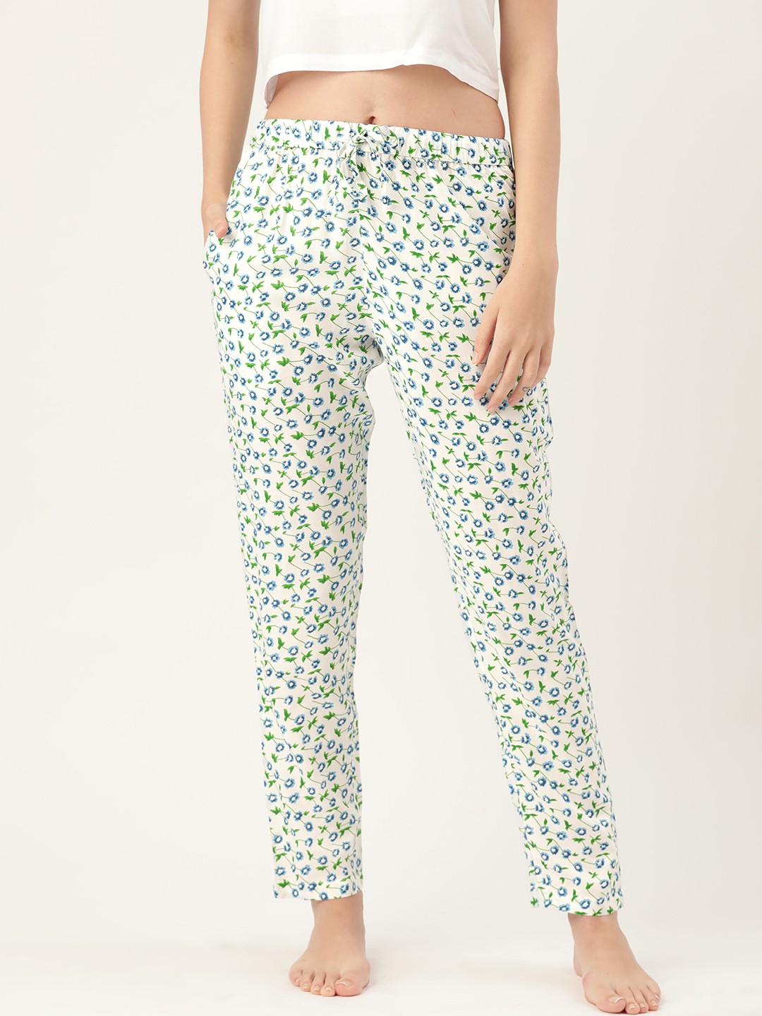 

ETC Women White & Blue Floral Print Lounge Pants