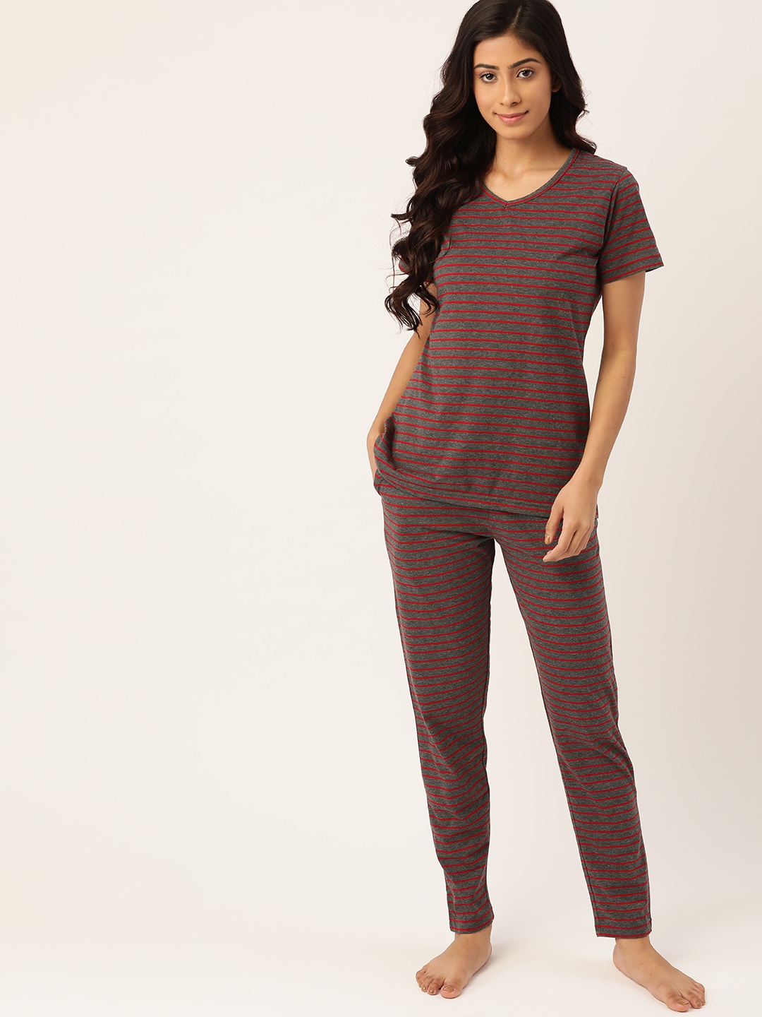 

ETC Women Charcoal Grey & Red Striped Pure Cotton Night suit