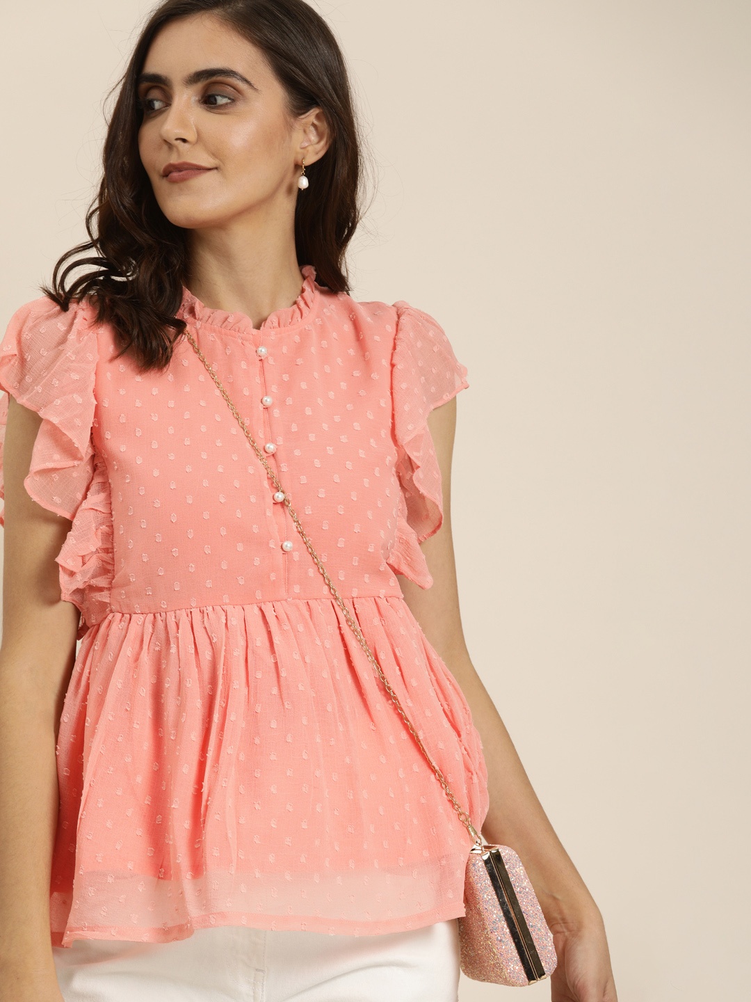 

Moda Rapido Women Peach-Coloured Self Design Gathered Peplum Top