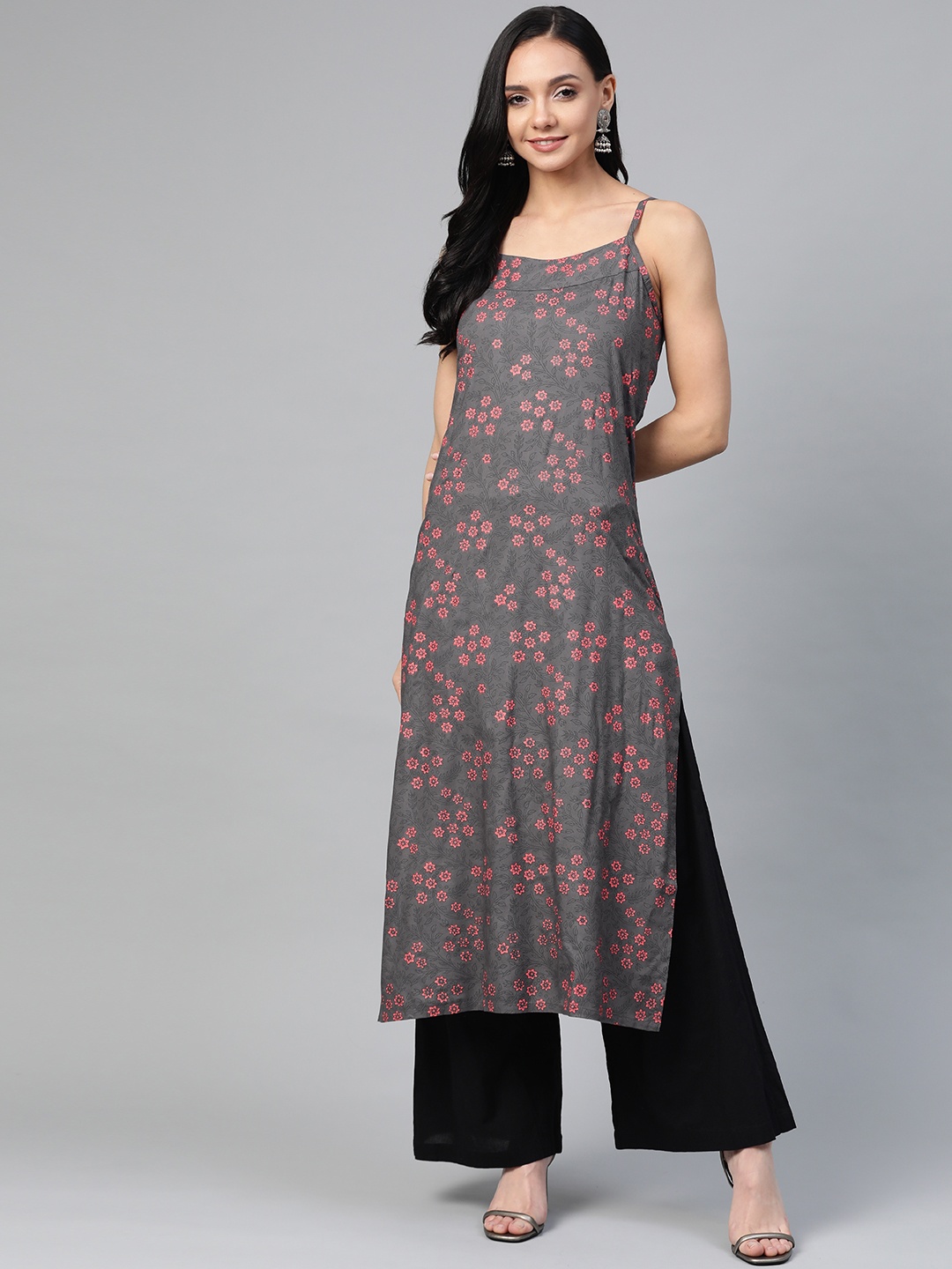 

Jompers Women Charcoal Grey & Pink Printed Straight Kurta