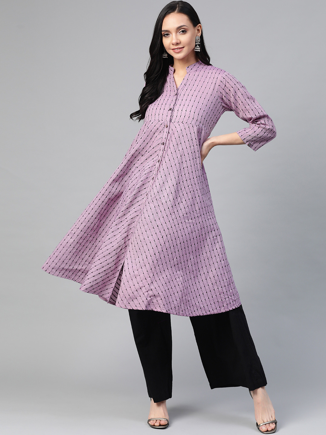 

Jompers Women Lavender & Black Woven Design Jacquard A-Line Kurta