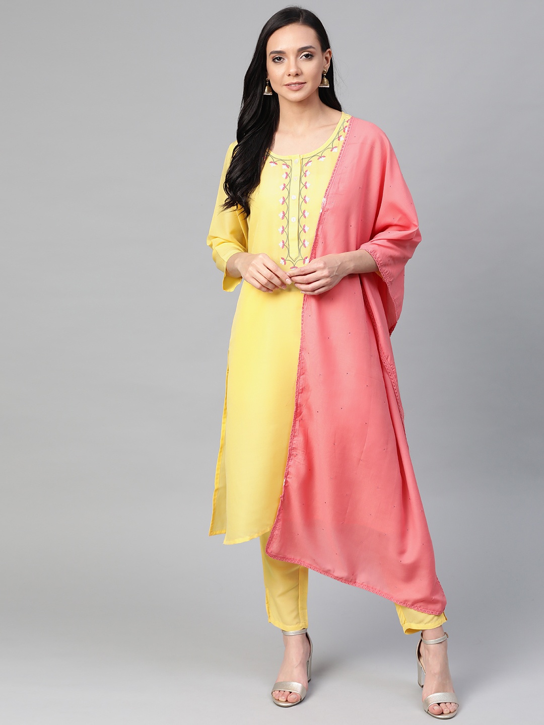 

Jompers Women Yellow & Pink Yoke Design Kurta with Trousers & Dupatta