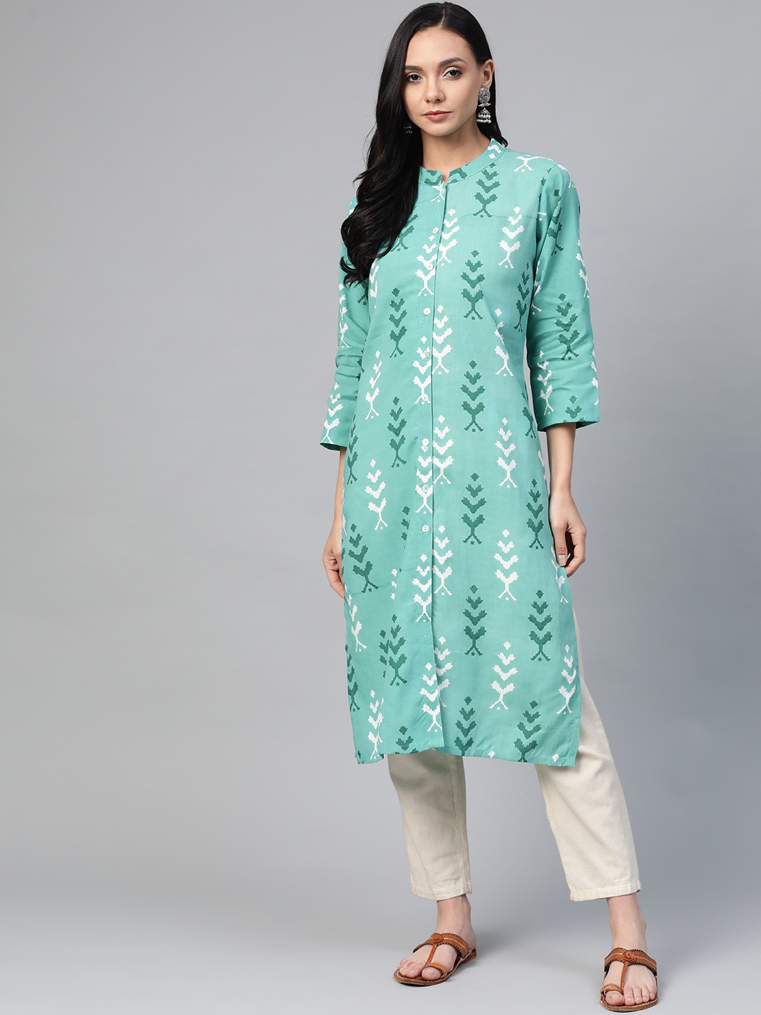 

Jompers Women Green & White Ikkat Print Straight Kurta