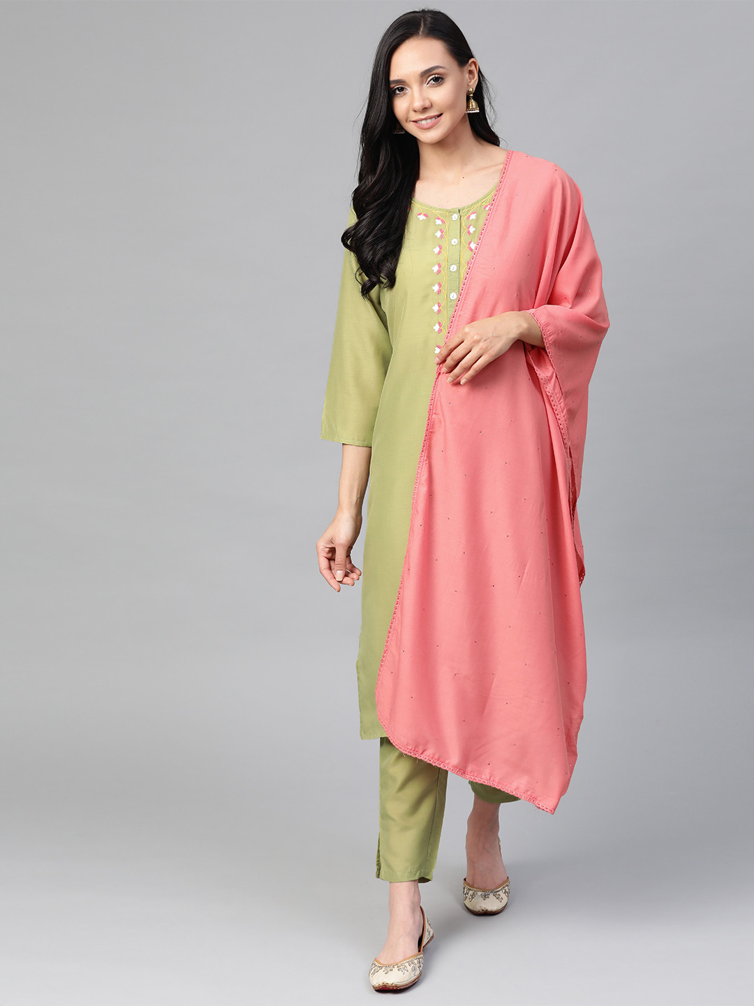 

Jompers Women Green & Pink Yoke Design Kurta with Trousers & Dupatta