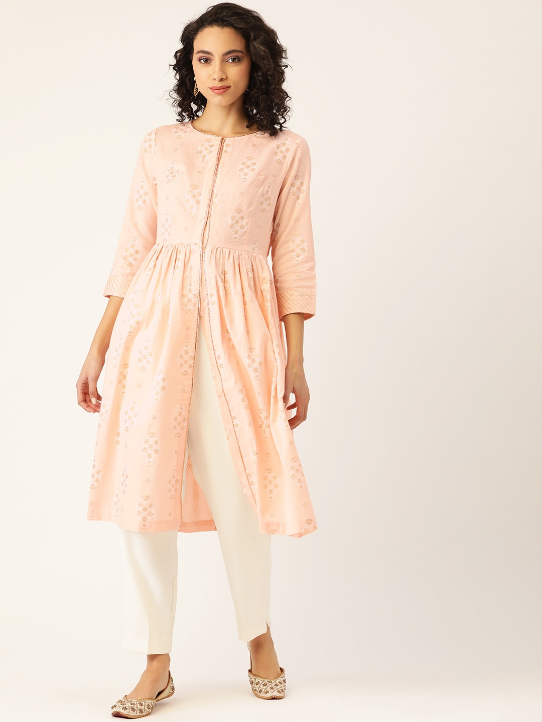 

Aayna Women Peach-Coloured & White Printed Pure Cotton A-Line Kurta