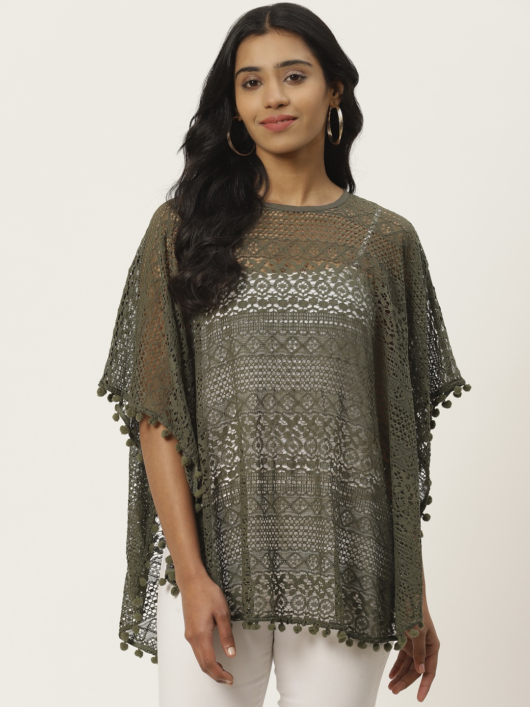 

Cottinfab Women Olive Green Self Design Lace Sheer Poncho Top