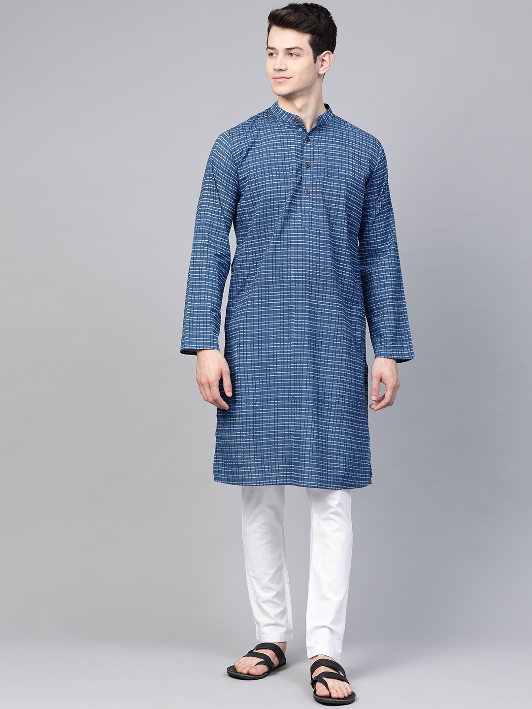 

Fabindia Men Blue Pure Cotton Slim Fit Printed Straight Kurta