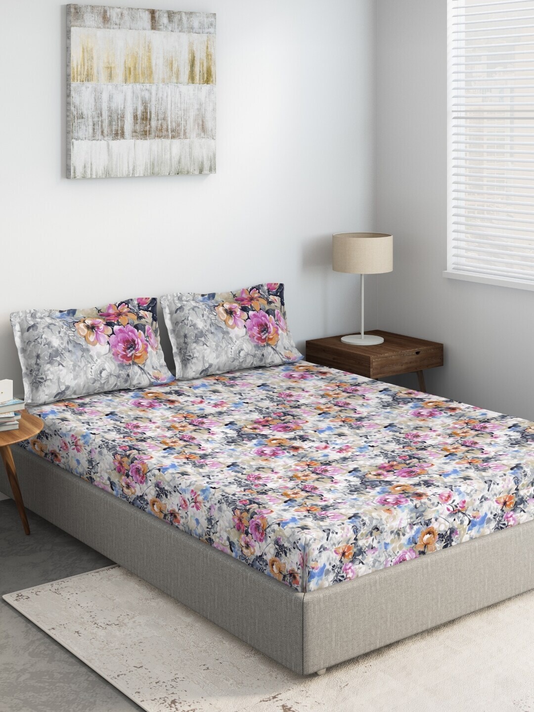 

DDecor Pink & Grey Floral Printed 144 TC Cotton Queen Bedsheet With 2 Pillow Covers