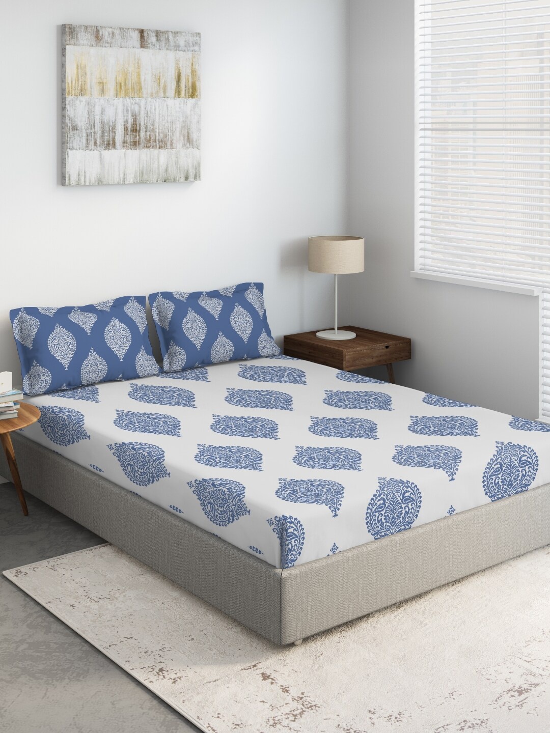 

DDecor Blue & White 144 TC Cotton Double King Fitted Bedsheet with 2 Pillow Covers