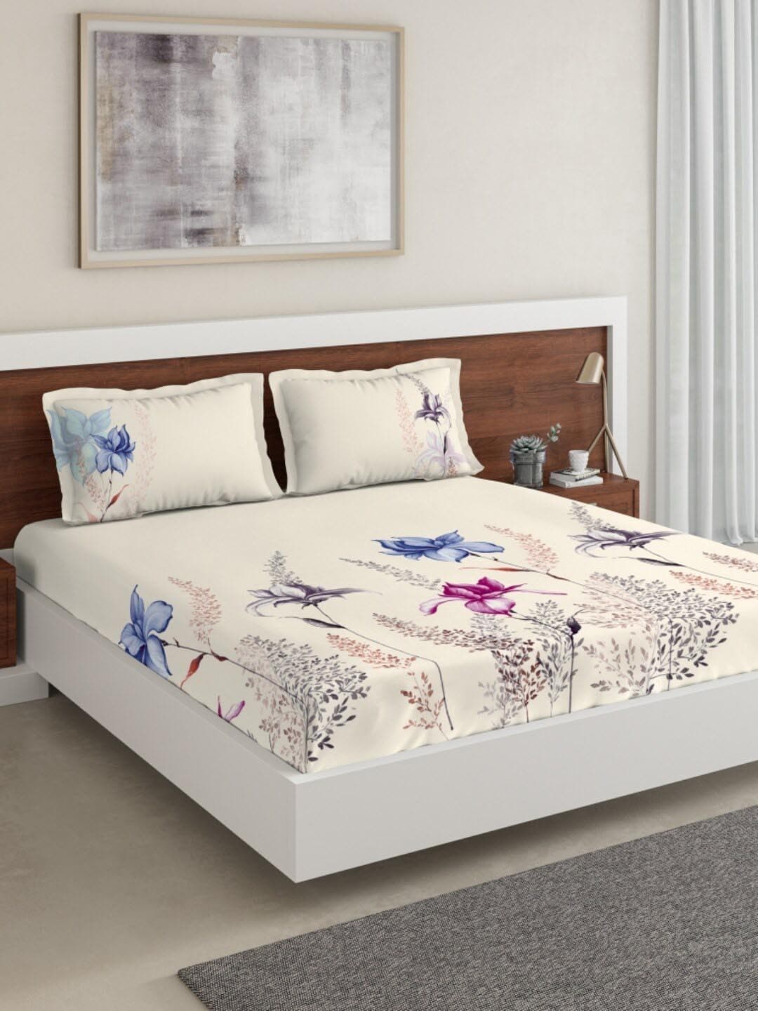 DDecor Cream-Coloured & Blue Floral Printed 144 TC Cotton Double King Bedsheet With 2 Pillow Covers