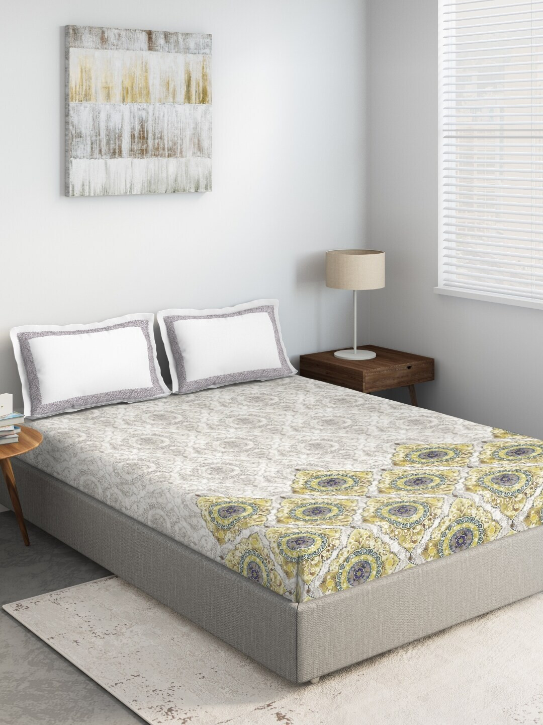 

DDecor White & Yellow Printed 144 TC Double Bed King Bedsheet With 2 Pillow Covers