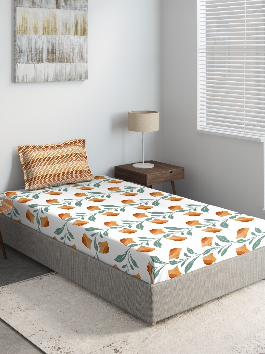 

DDecor White & Orange Floral Print 144 TC Single Bedsheet With Pillow Cover