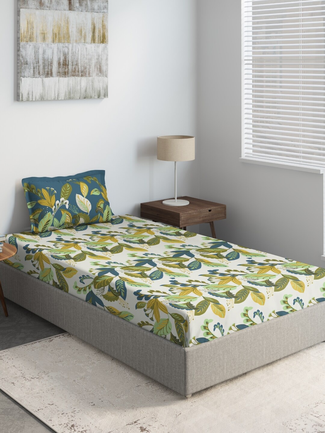 

DDecor White & Blue Floral Print 144 TC Single Bedsheet With Pillow Cover