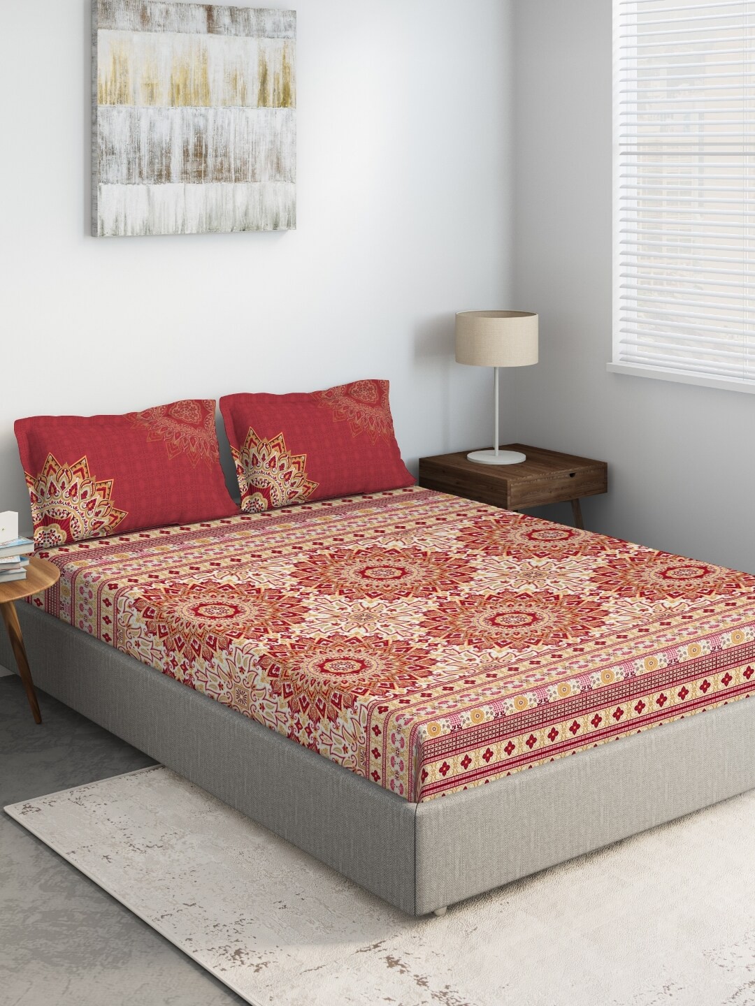 

DDecor Red & White Ethnic Motifs 144 TC 100% Cotton Double King Bedsheet with Two Pillow Covers