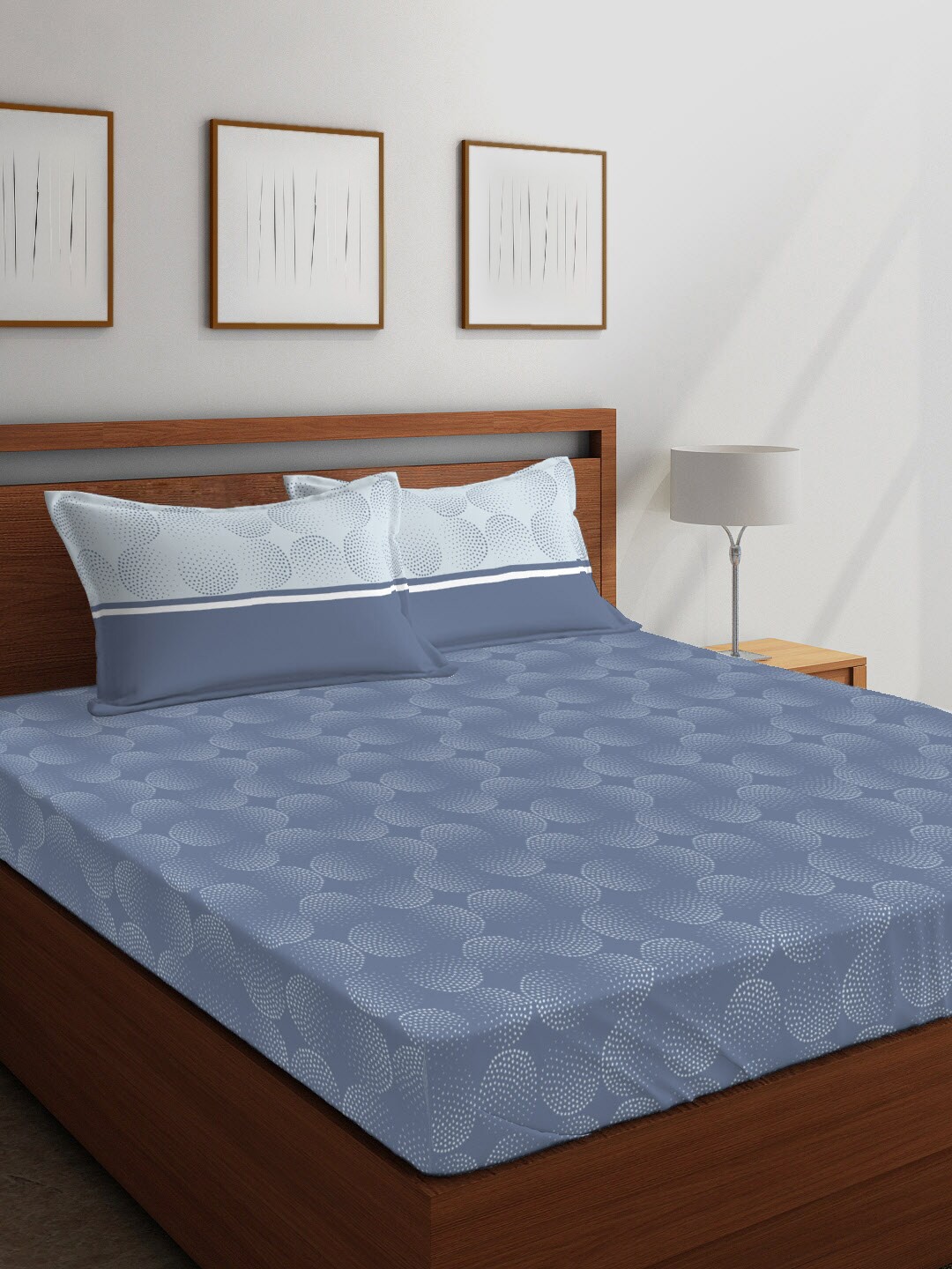 

Layers Blue & White Printed 104 TC Cotton 1 Queen Bedsheet with 2 Pillow Covers