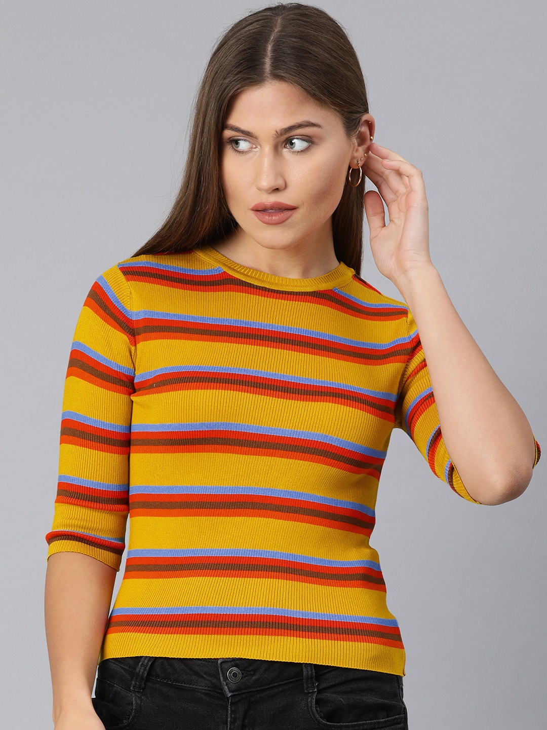 

ONLY Women Mustard Yellow & Red Striped Round Neck T-shirt