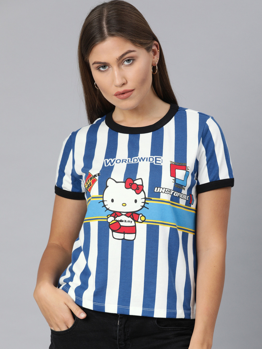 

ONLY Women White & Blue Striped Round Neck T-shirt With Printed Detailing